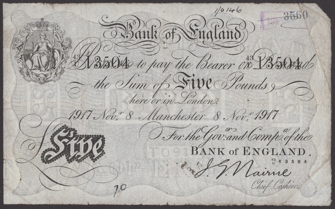 Bank of England, John G. Nairne, £5, Manchester, 8 November 1917