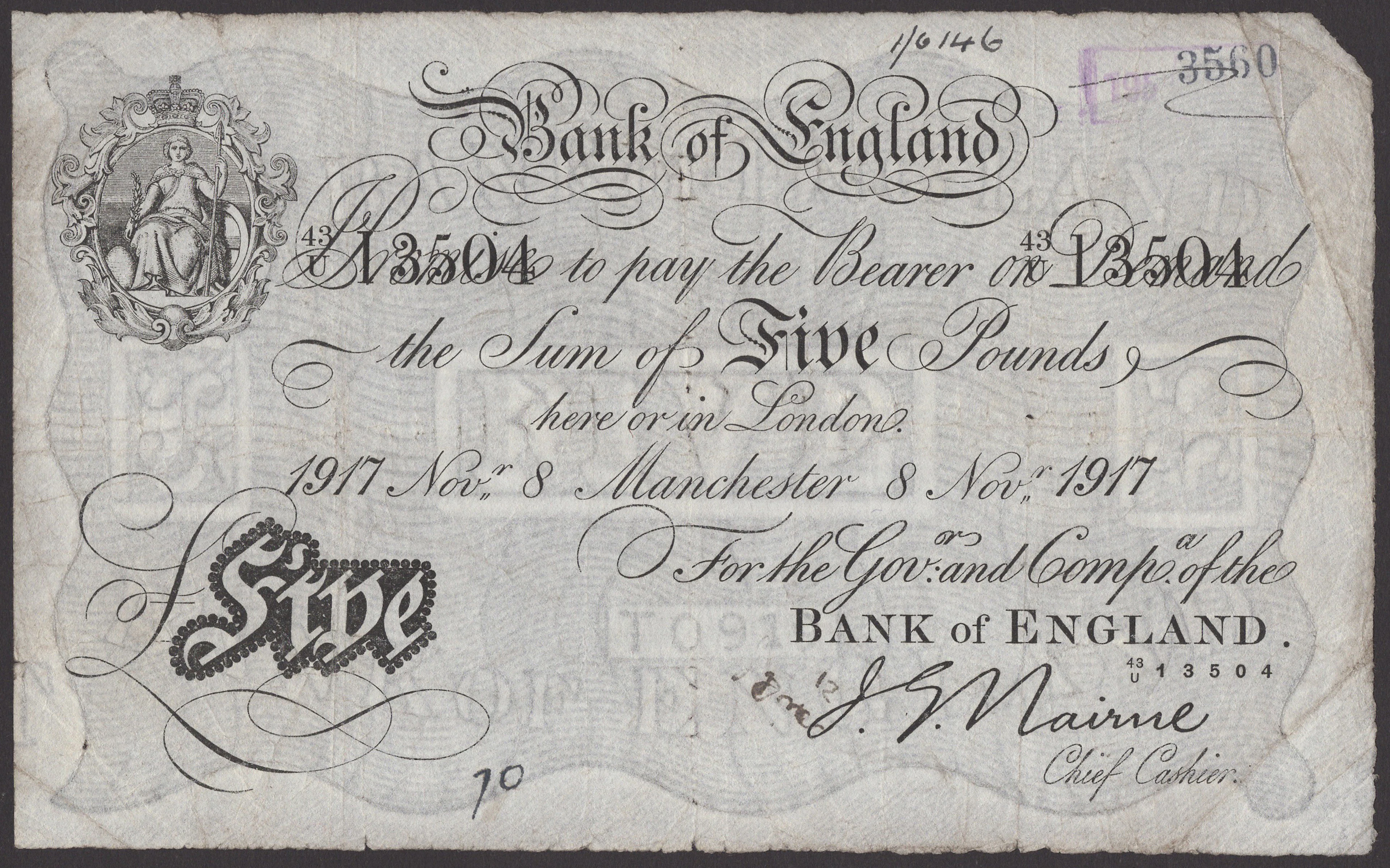 Bank of England, John G. Nairne, £5, Manchester, 8 November 1917