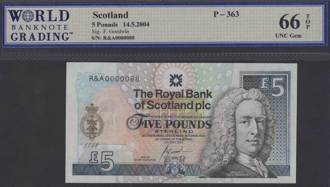 Royal Bank of Scotland PLC, £5, 14 May 2004, serial number R&A 0000088