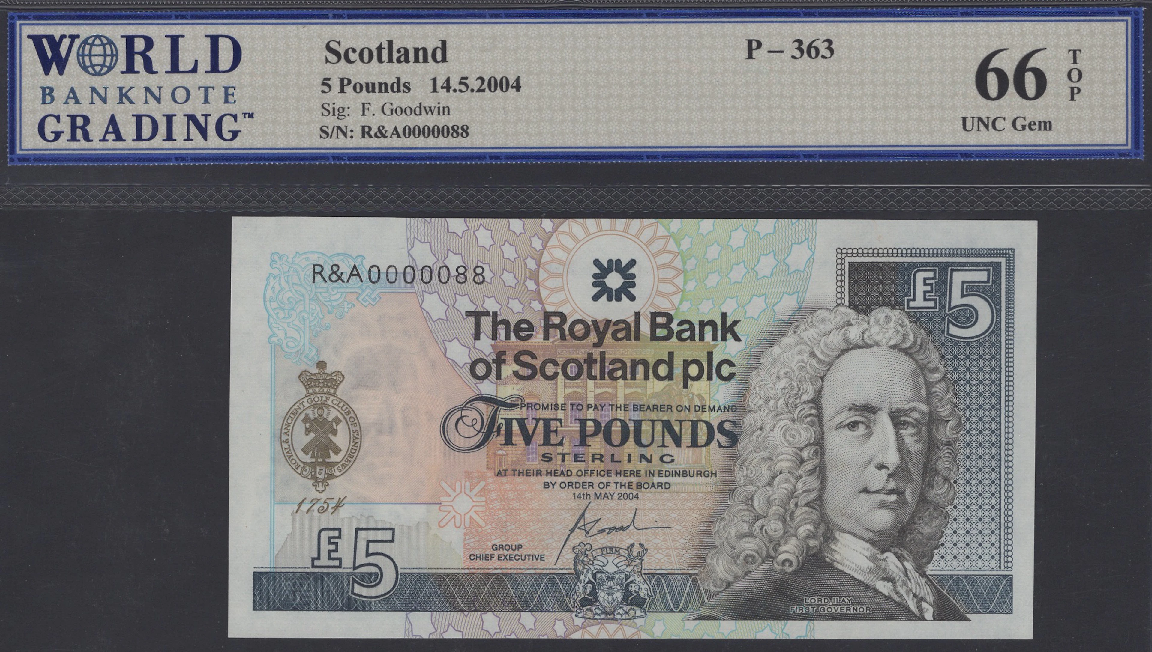 Royal Bank of Scotland PLC, £5, 14 May 2004, serial number R&A 0000088