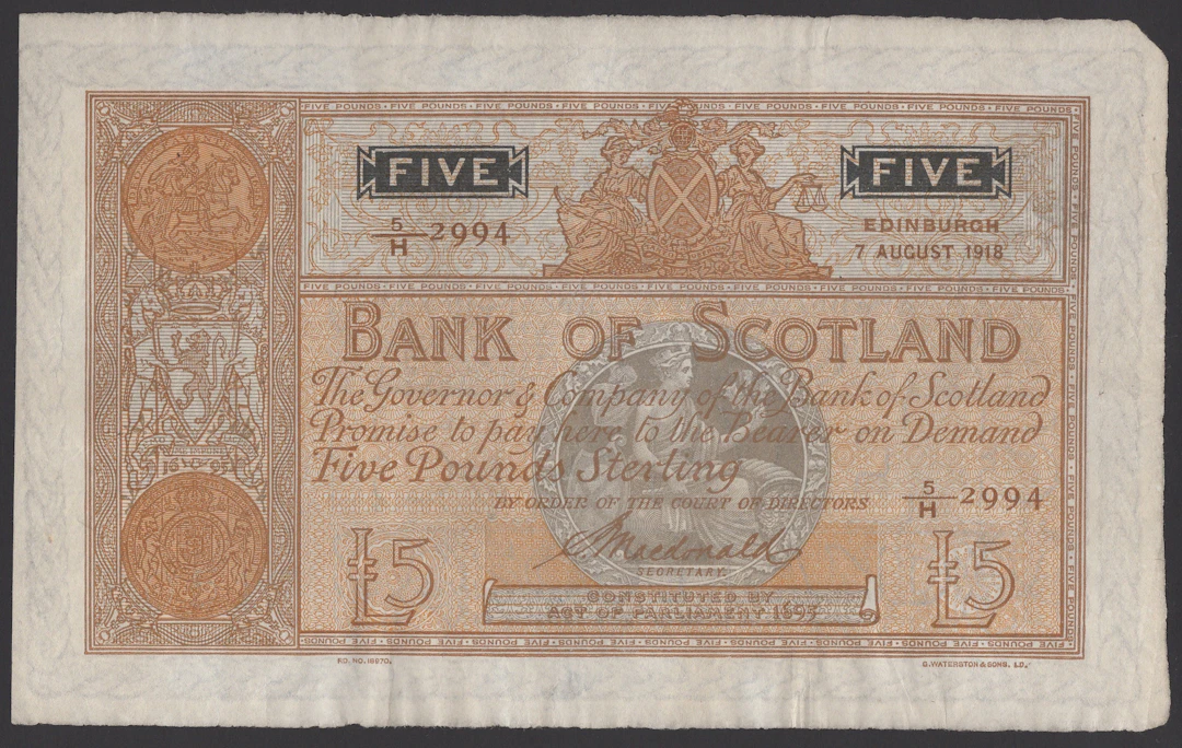 Bank of Scotland, £5, 7 August 1918, serial number 5/H 2994, Macdonald