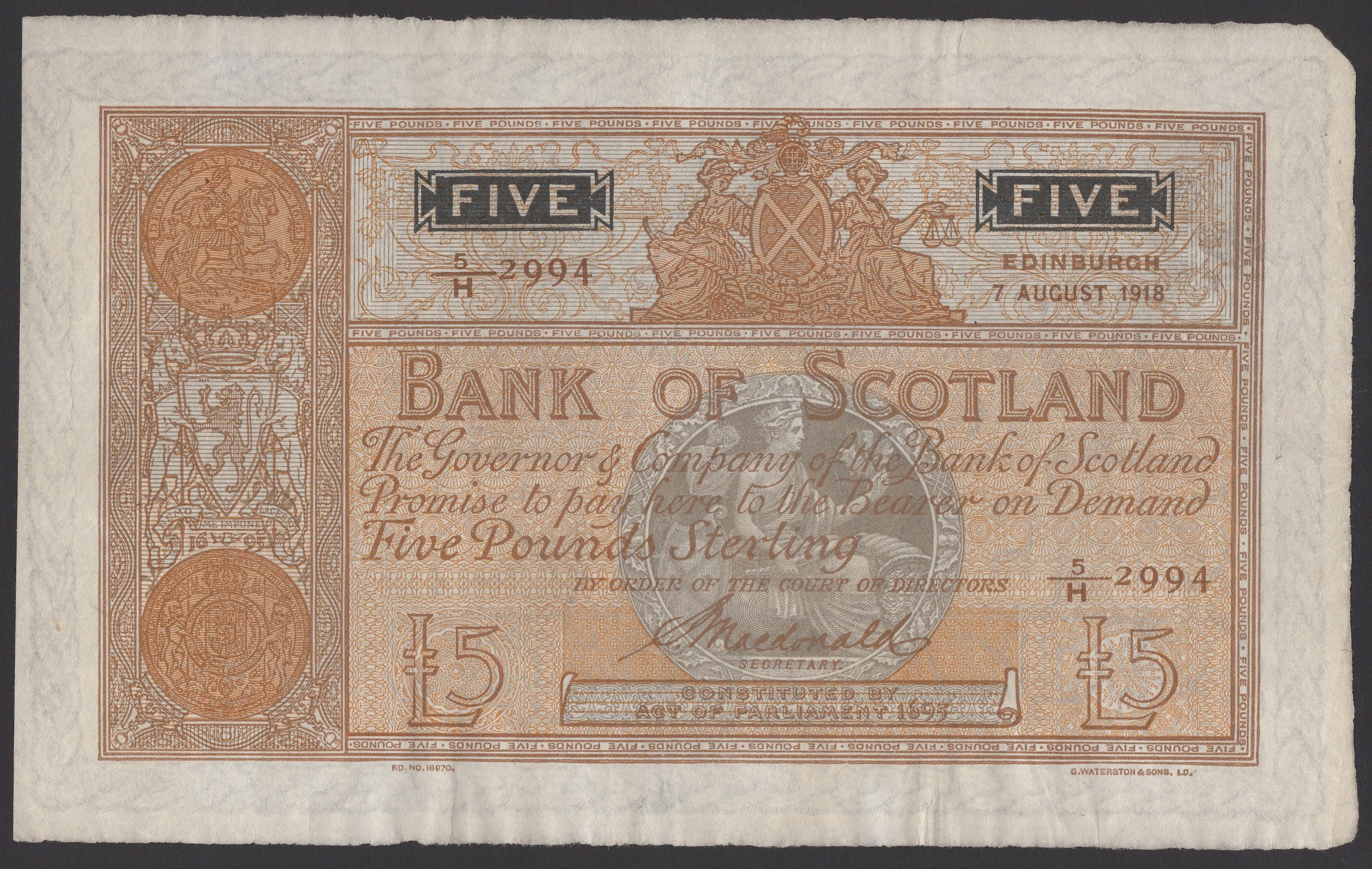 Bank of Scotland, £5, 7 August 1918, serial number 5/H 2994, Macdonald