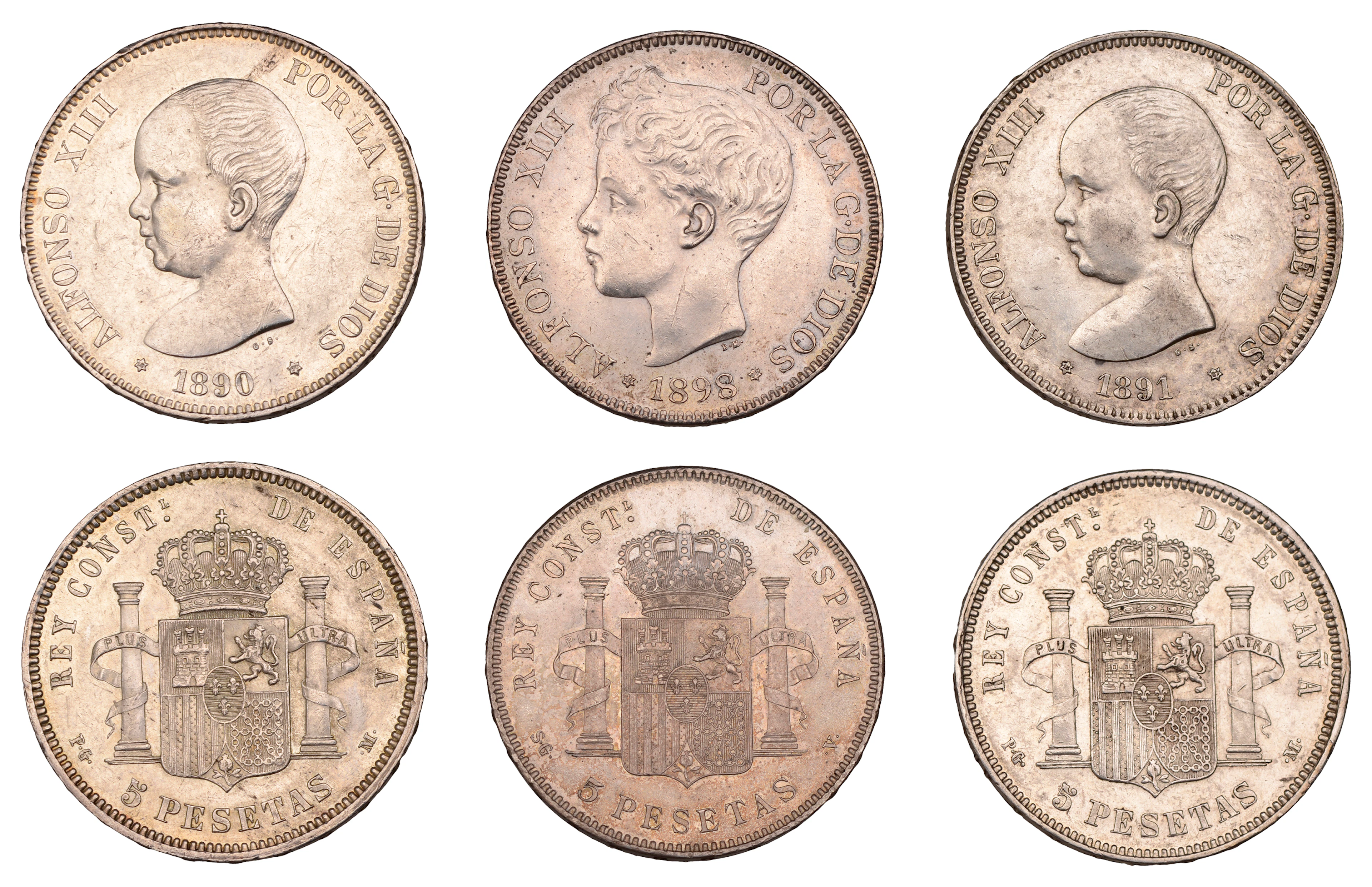 Spain, Alfonso XIII, 5 Pesetas (3), 1890, 1891, 1898, Madrid (KM 689