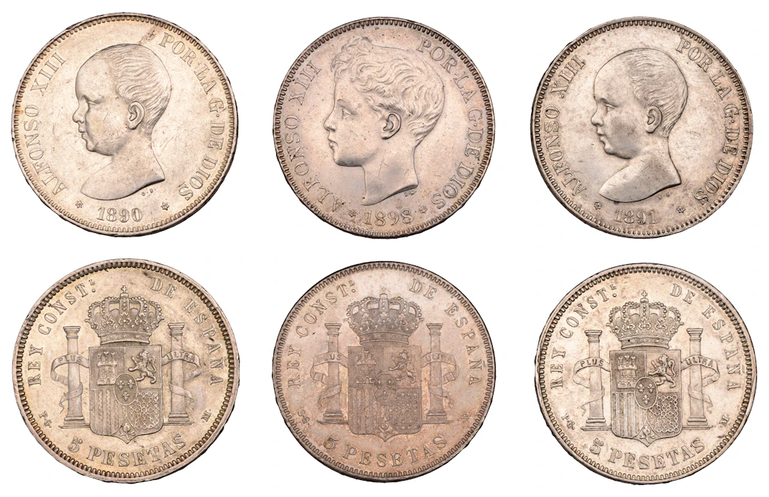 Spain, Alfonso XIII, 5 Pesetas (3), 1890, 1891, 1898, Madrid (KM 689
