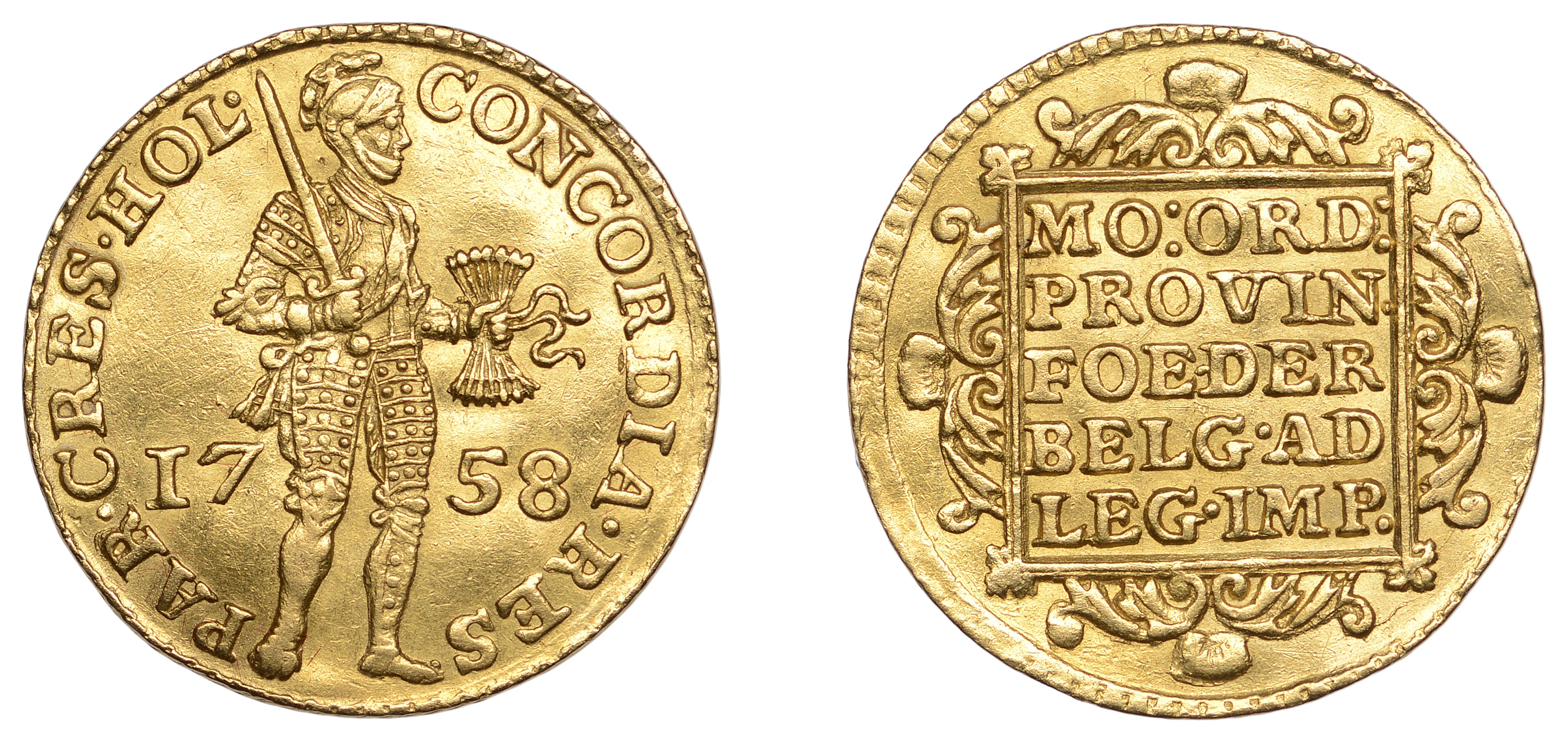 Netherlands, HOLLAND, Ducat, 1758, armoured knight standing right