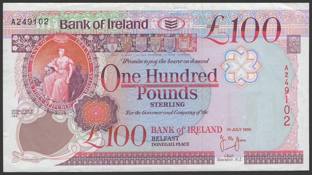 Bank of Ireland, £100, 1 July 1995, serial number A249102, McGinn