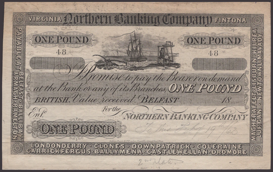 Northern Banking Company, uniface proof on paper for £1, 18- pencil