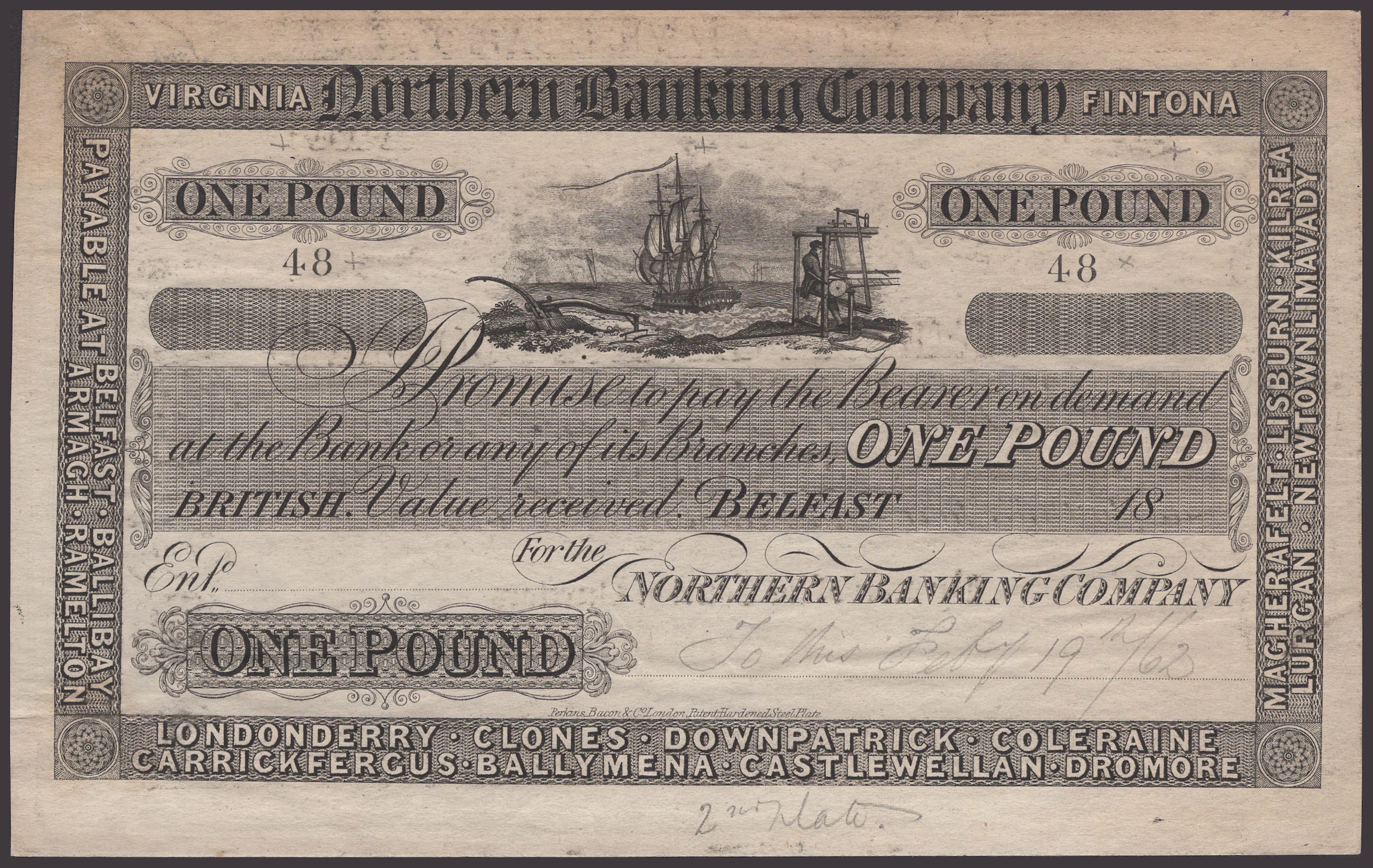 Northern Banking Company, uniface proof on paper for £1, 18- pencil