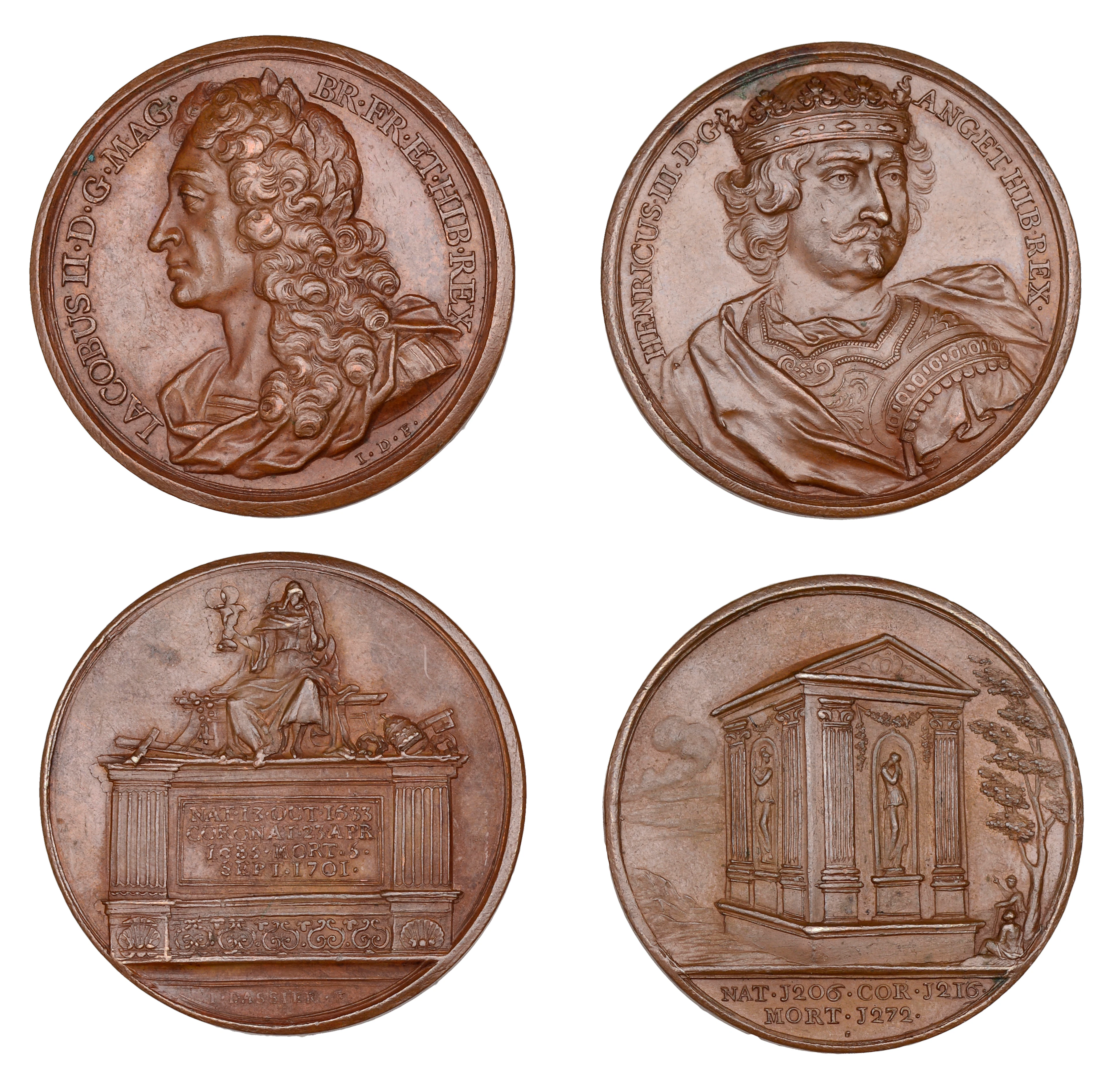 Henry III and James II, 1727, a pair of copper medals by Jean Dassier