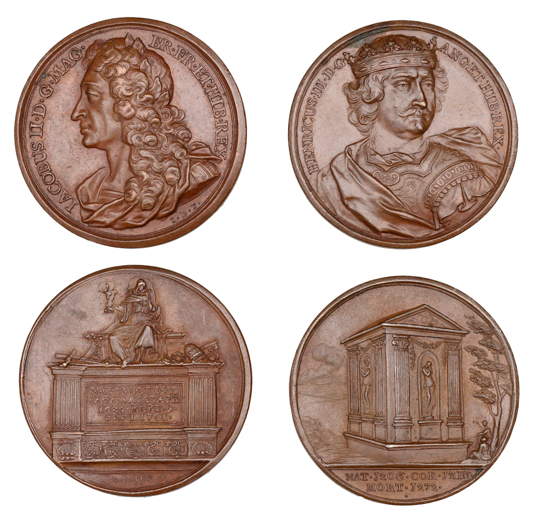 Henry III and James II, 1727, a pair of copper medals by Jean Dassier