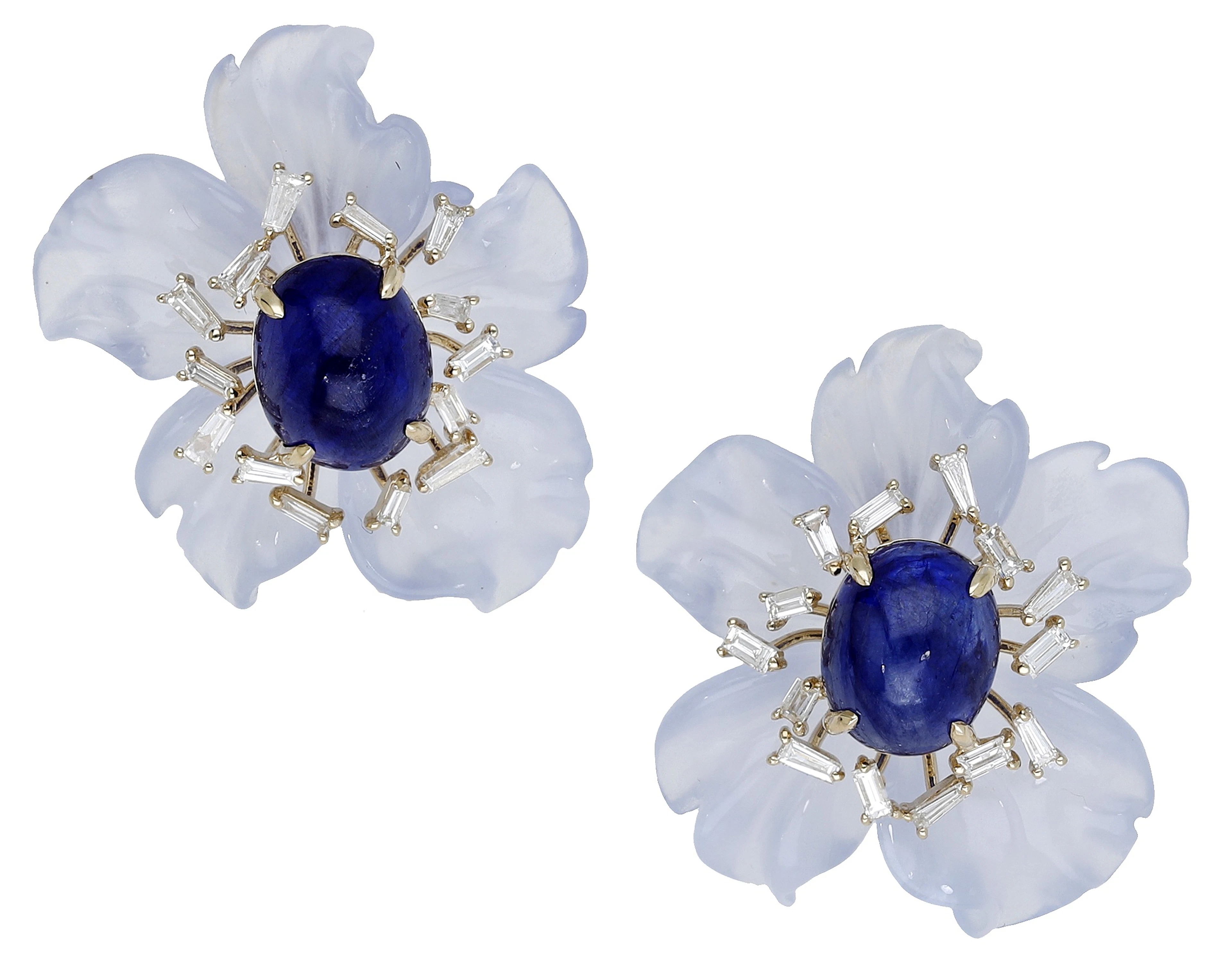A pair of gem-set flowerhead earrings by Fei Liu, the carved blue