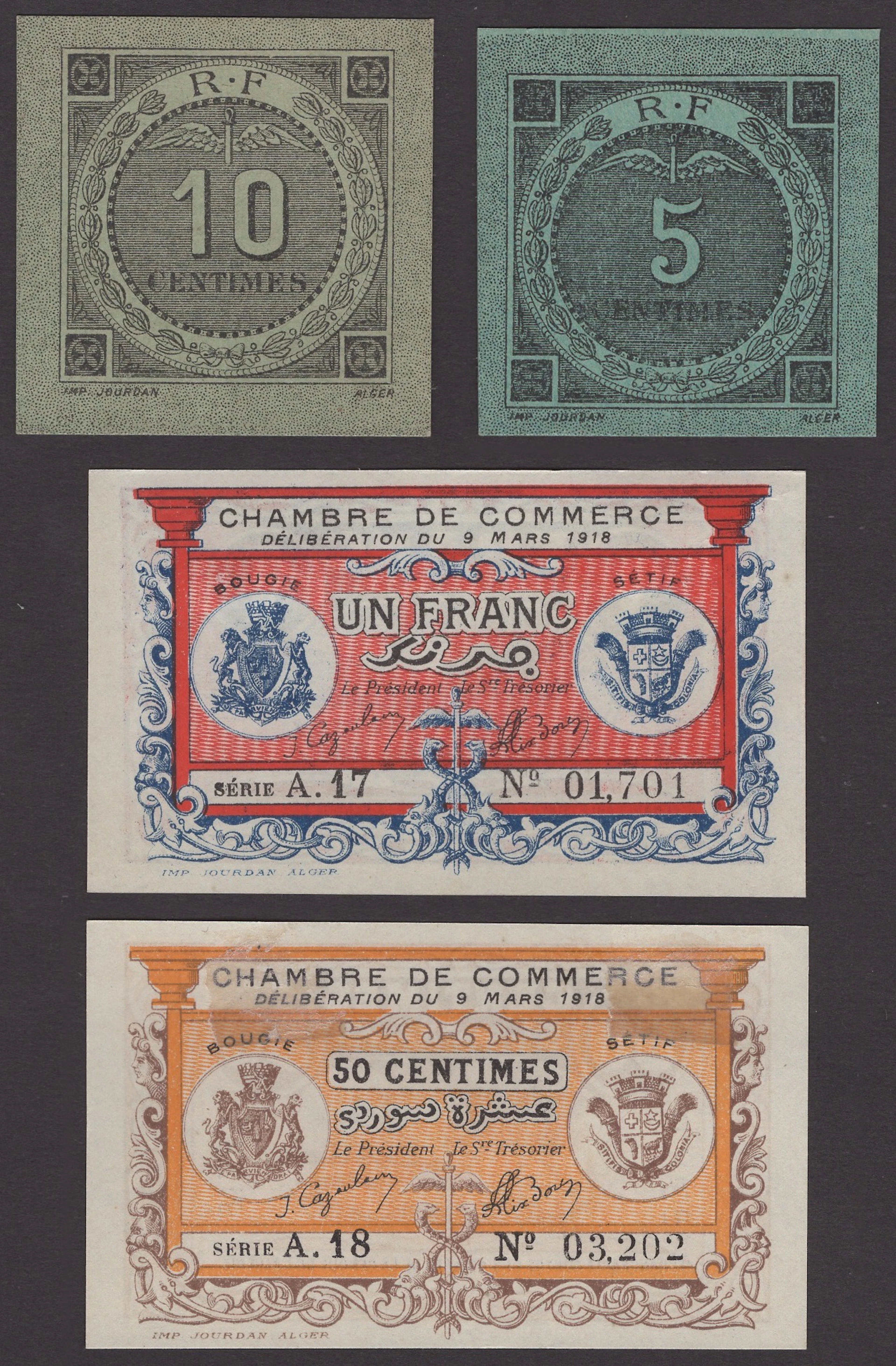 Chambre de Commerce, Bougie Setif, 5 and 10 Centimes, 1916, also 50