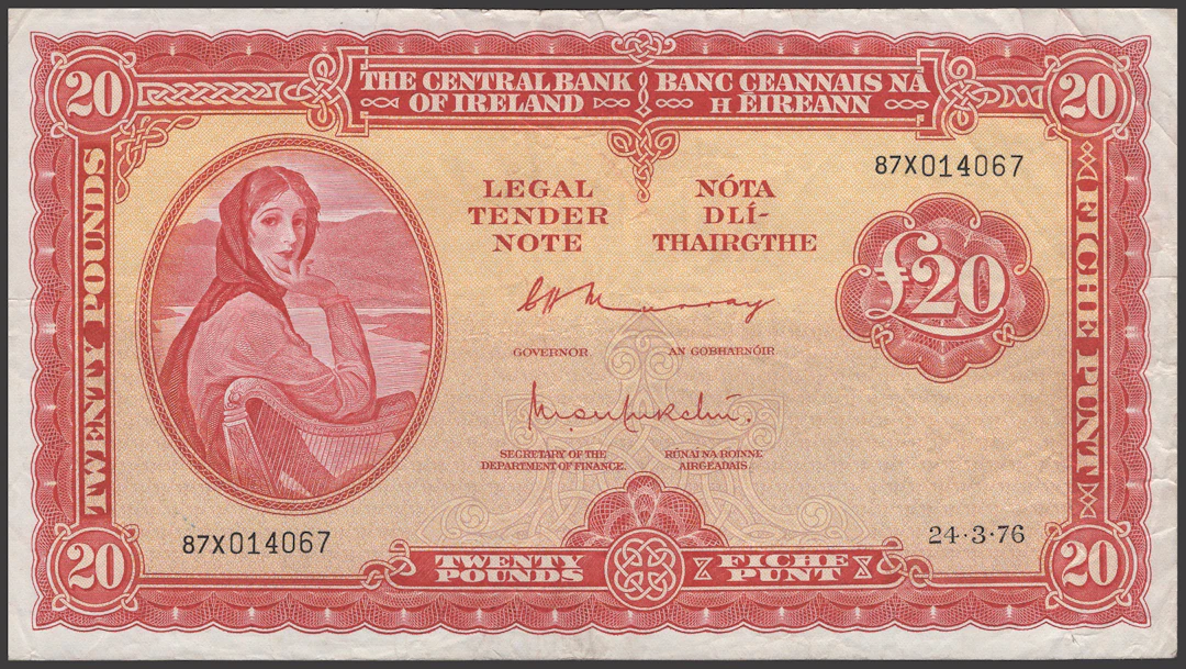 Central Bank of Ireland, £20, 24 March 1976, serial number 87X 014067