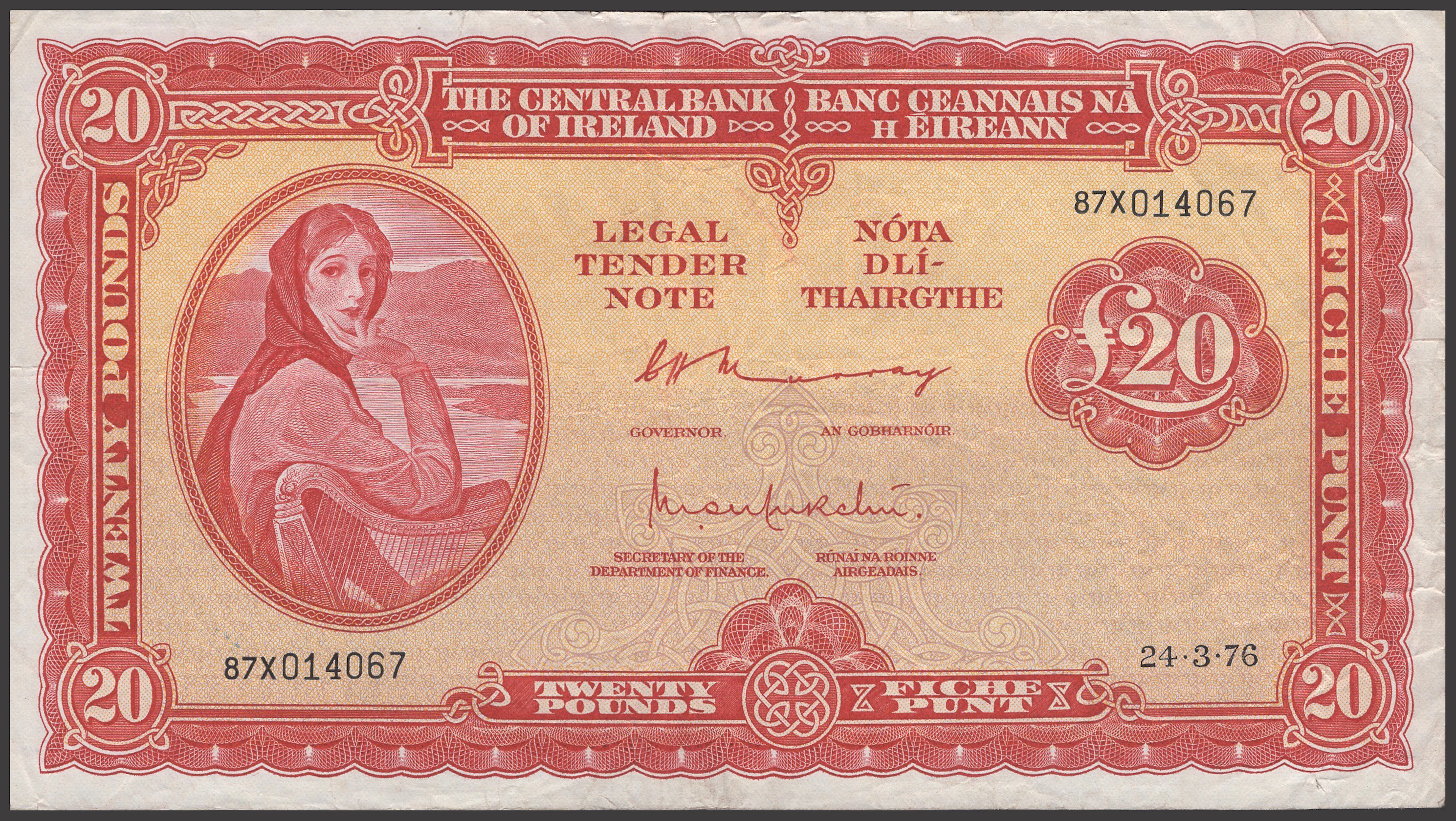 Central Bank of Ireland, £20, 24 March 1976, serial number 87X 014067
