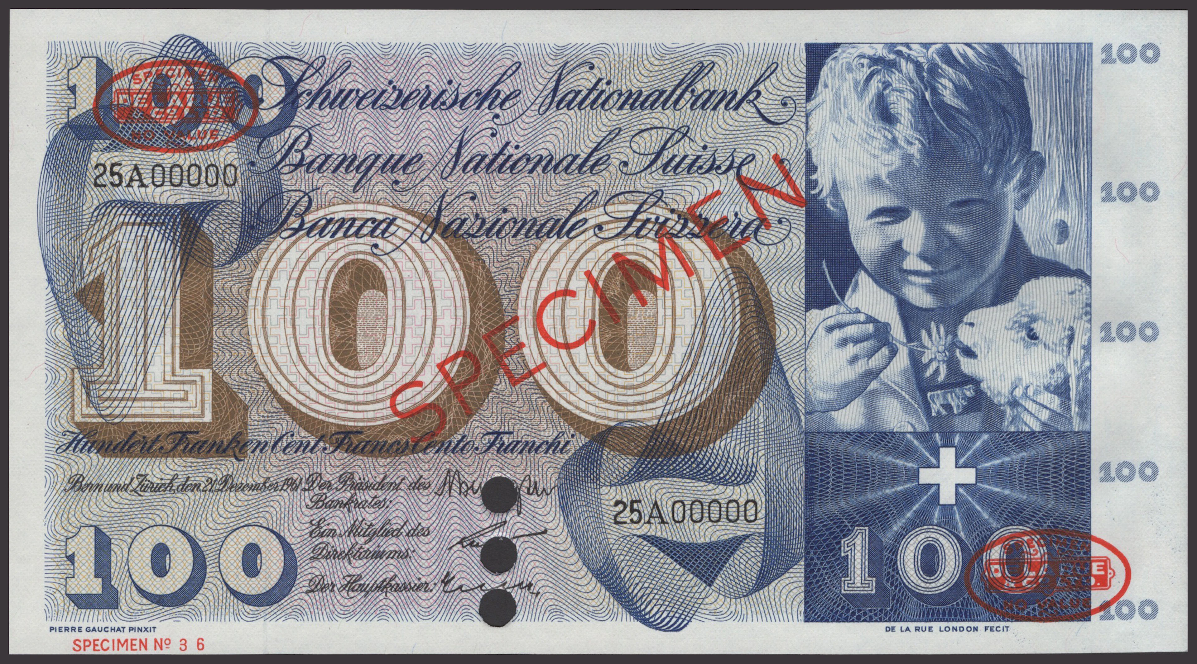 Schweizerische Nationalbank, specimen 100 Franken, 21 December 1961