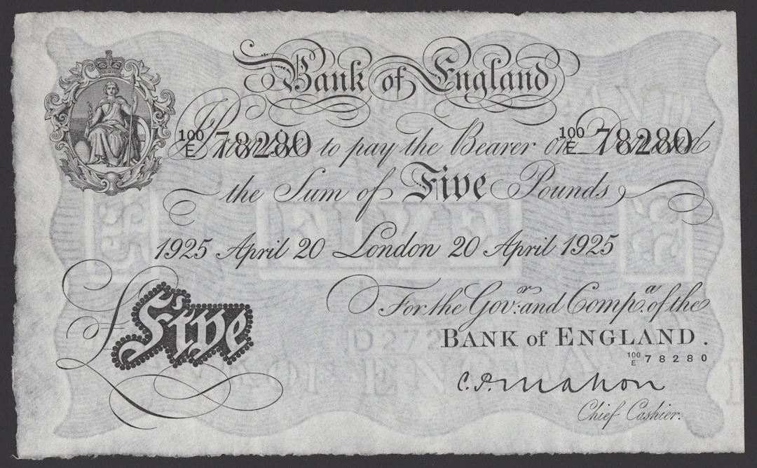 Bank of England, Cyril P. Mahon, £5, London, 20 April 1925, serial