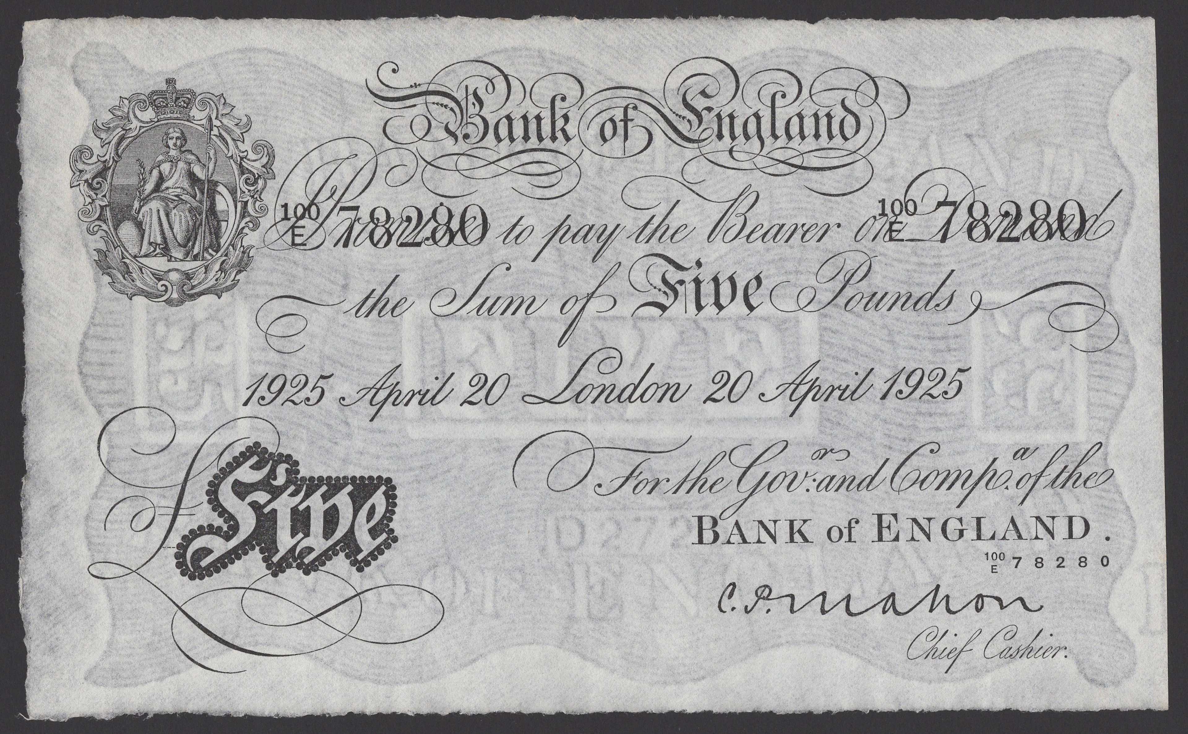 Bank of England, Cyril P. Mahon, £5, London, 20 April 1925, serial