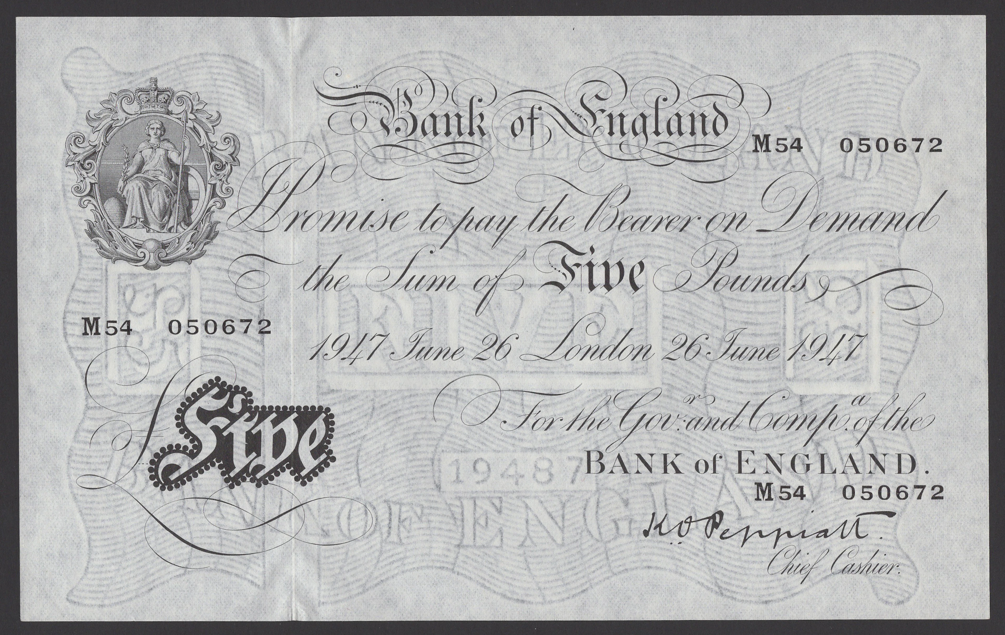 Bank of England, Kenneth O. Peppiatt, £5, 26 June 1947, serial number