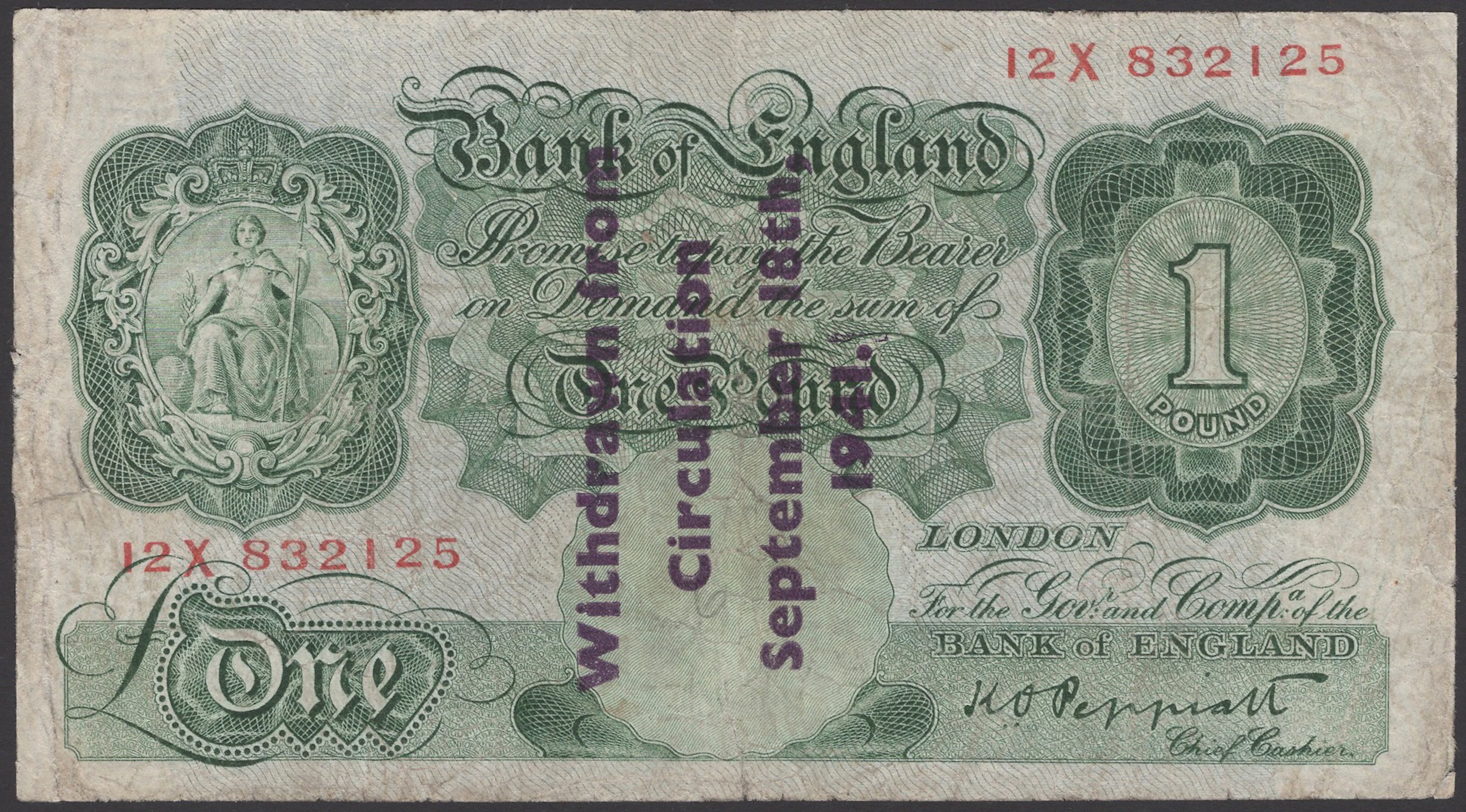 Bank of England, Kenneth O. Peppiatt, Guernsey overprint, £1, 18 September