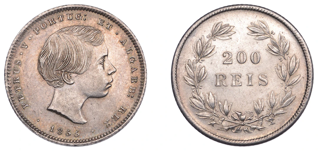 Portugal, Pedro V, 200 Reis, 1858, Lisbon (KM 499). Toned, extremely