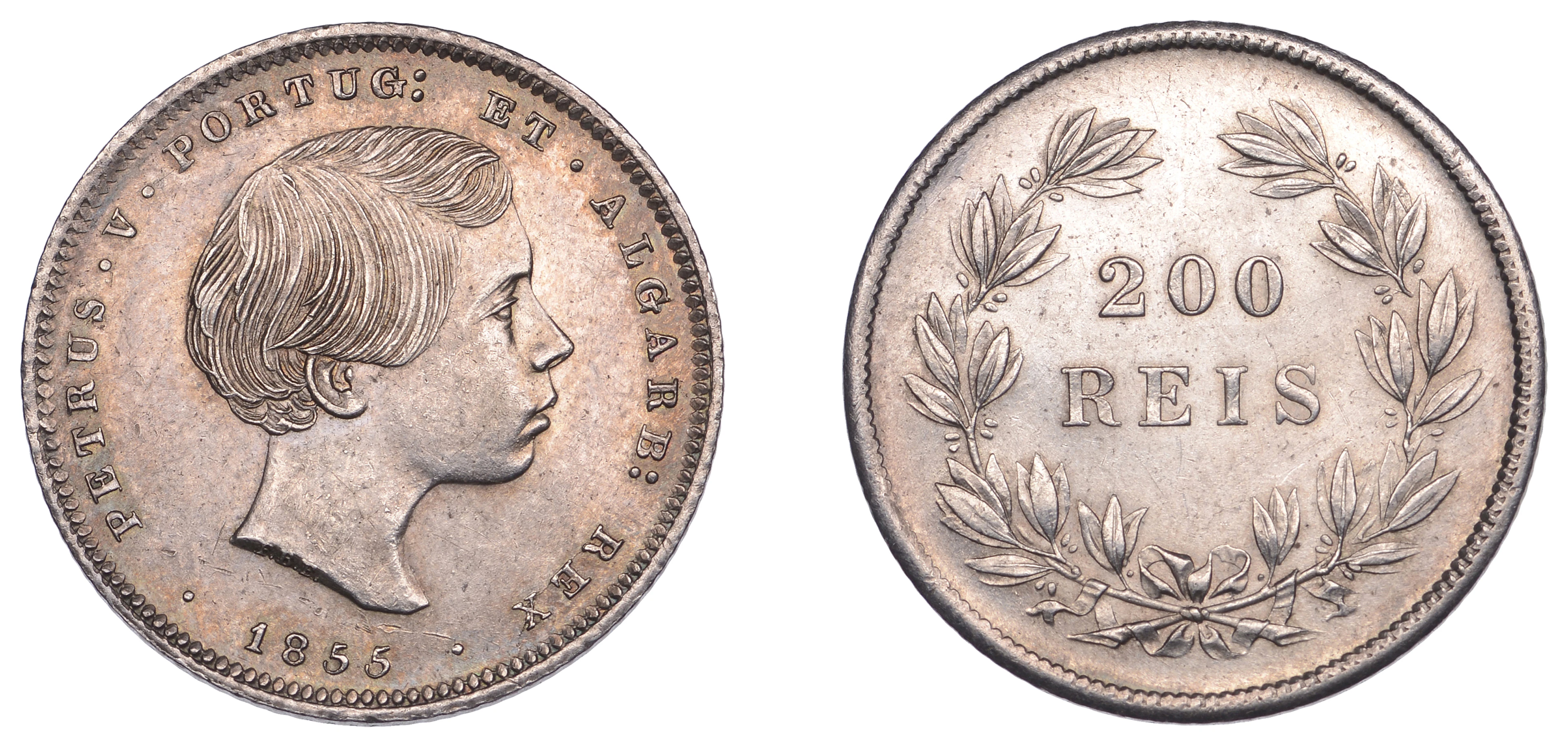 Portugal, Pedro V, 200 Reis, 1858, Lisbon (KM 499). Toned, extremely