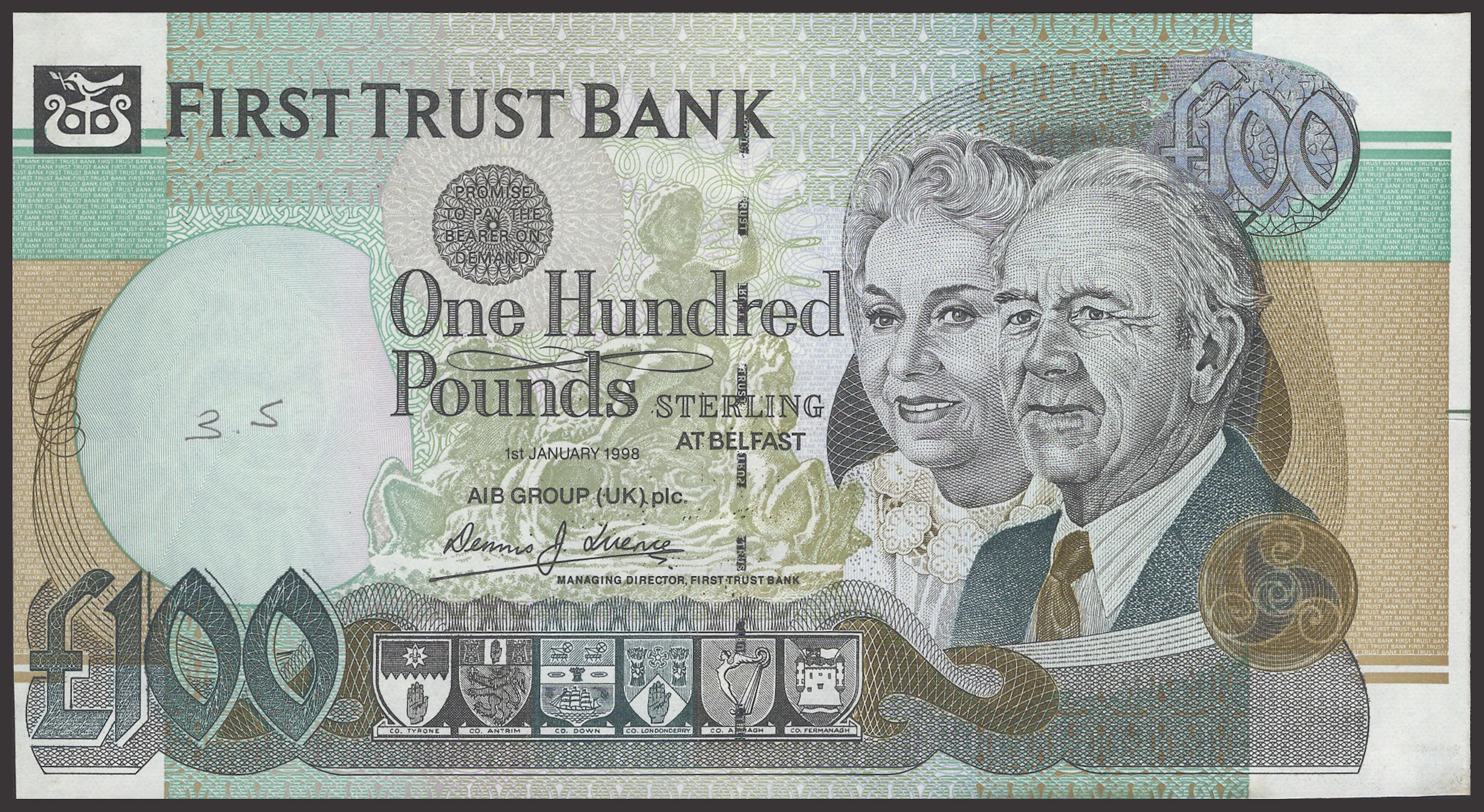 First Trust Bank, specimen proof £100, 1 January 1998, no serial number