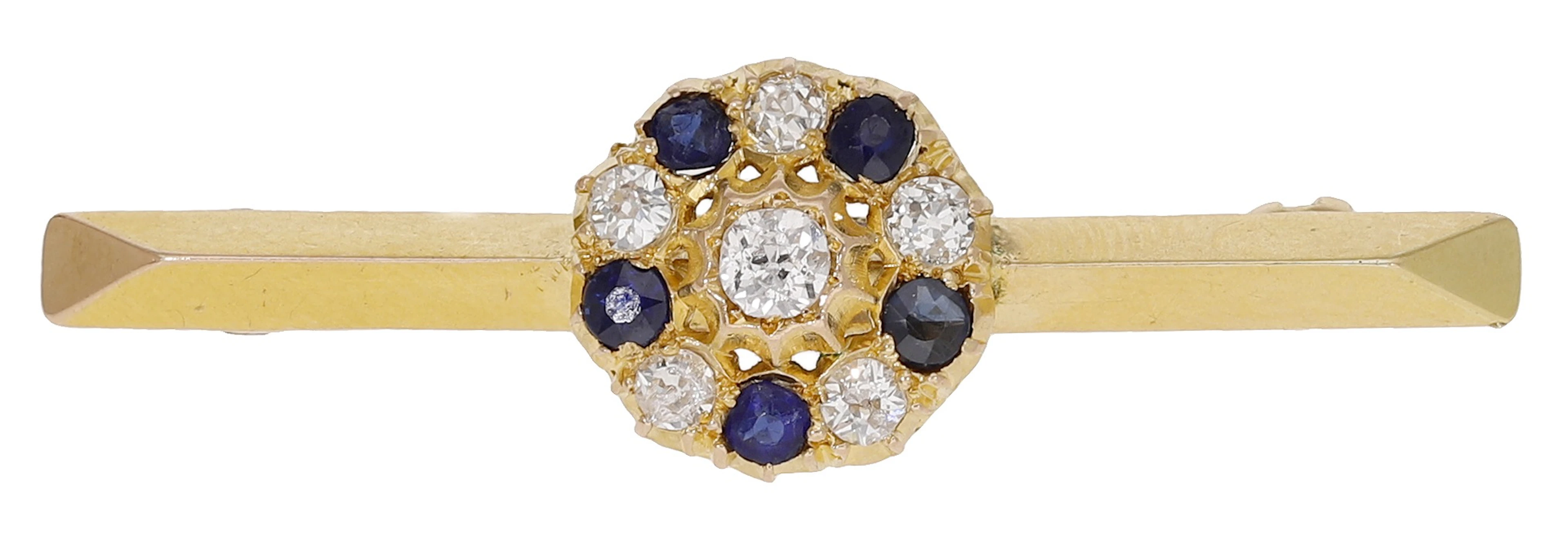 A sapphire and diamond bar brooch, set with circular-cut sapphires