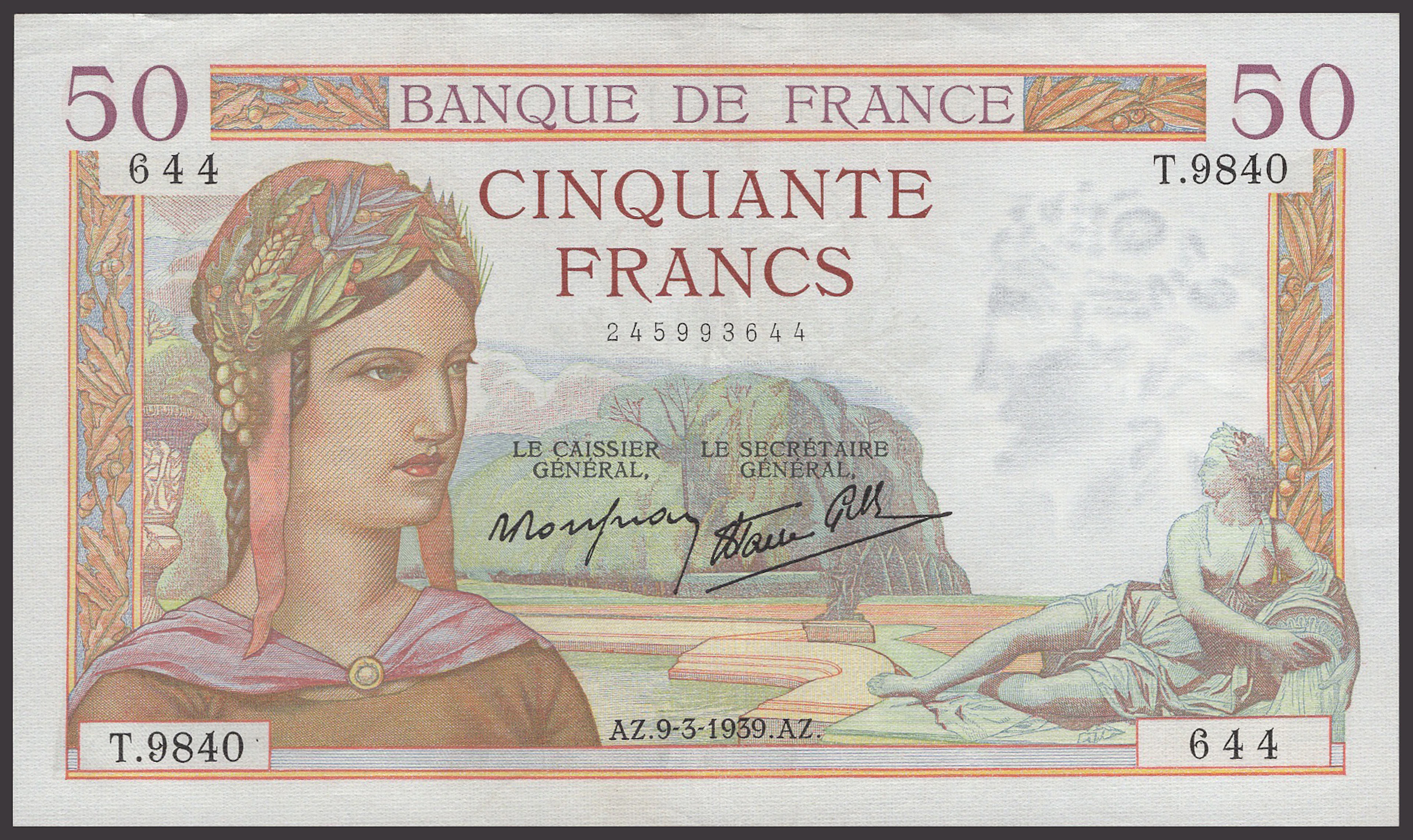 Banque de France, 50 Francs, 9 March 1939, serial number T.9840 644