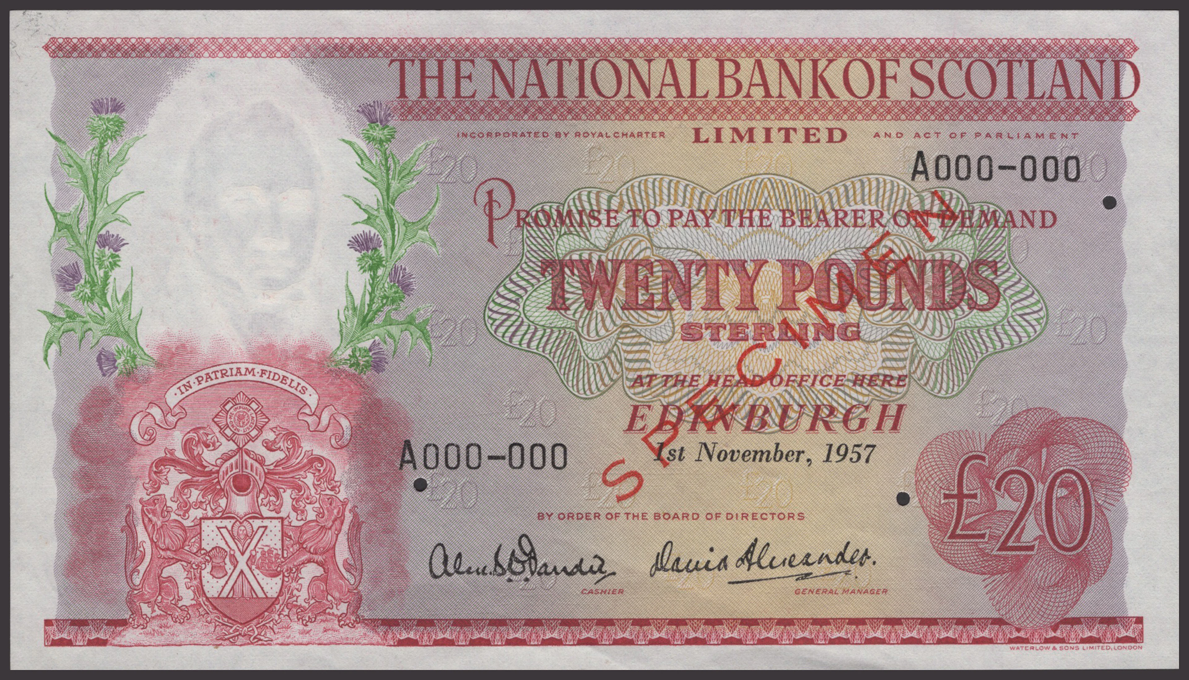 National Bank of Scotland Limited, specimen £20, 1 November 1957