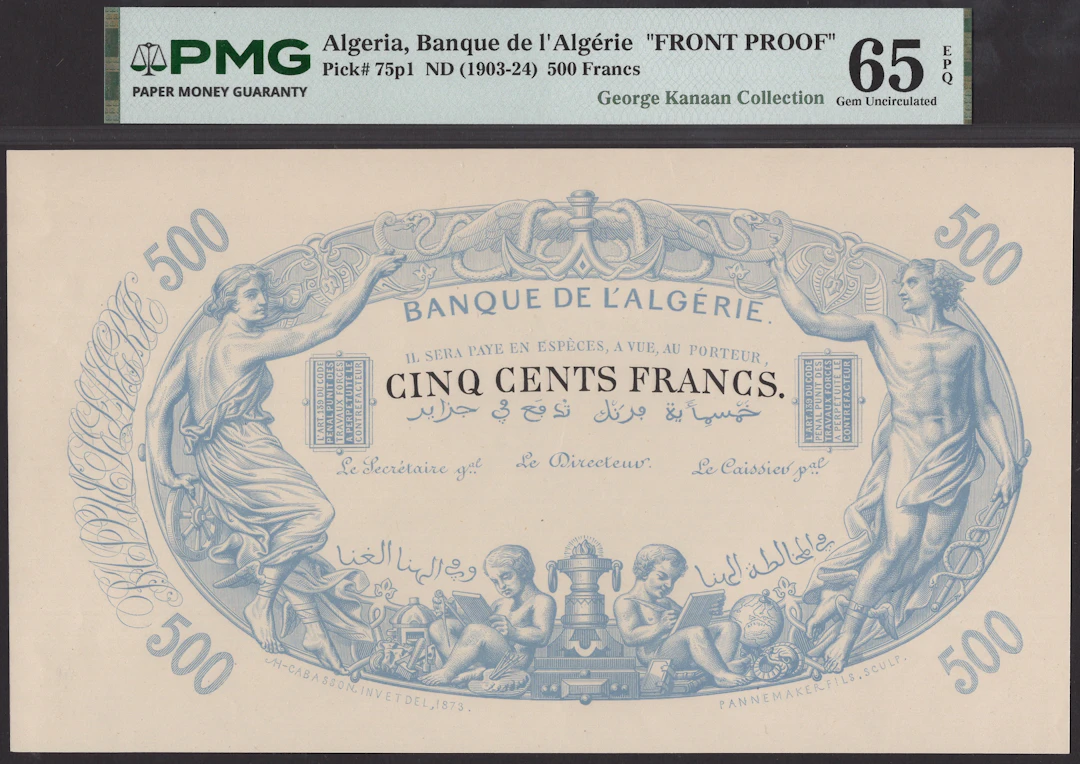 Banque de l’Algerie, obverse proof on white paper for 500 Francs