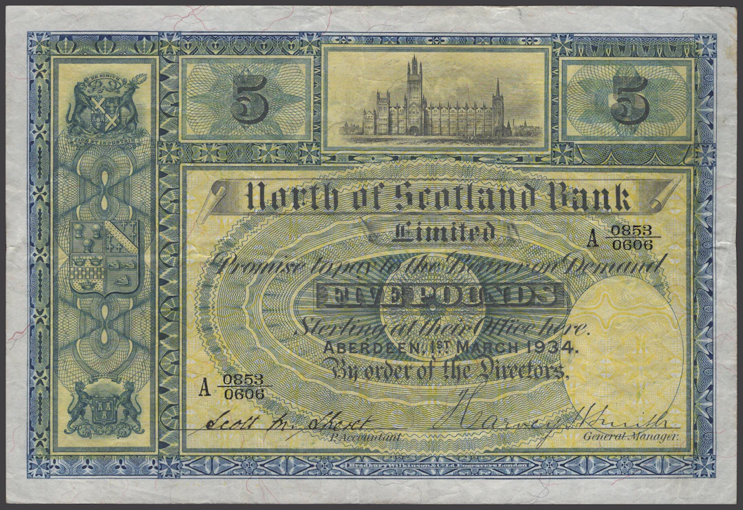 North of Scotland Bank Limited, £5, 1 March 1934, serial number A
