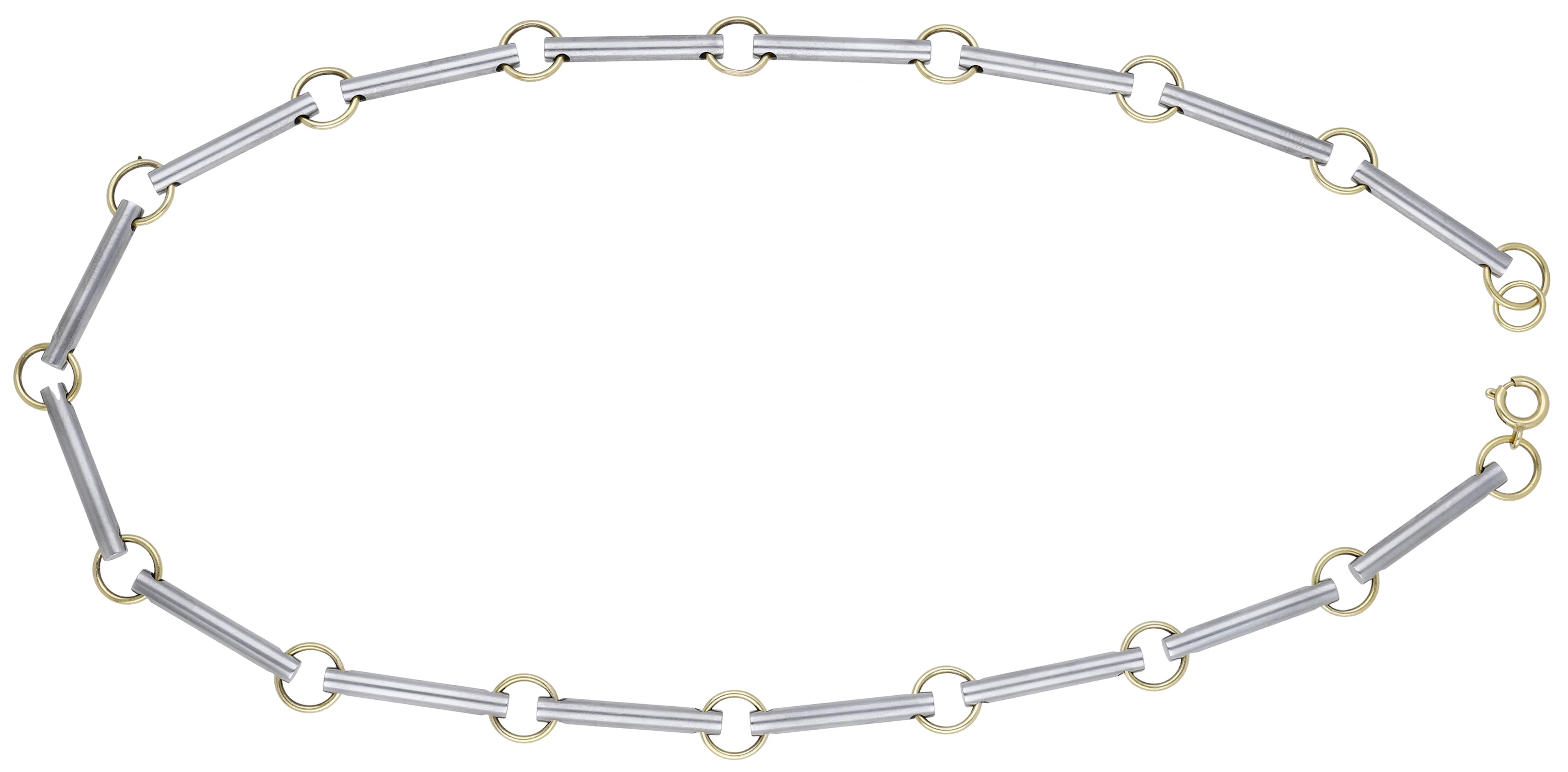 A steel and gold chain necklace, composed of polished steel batons