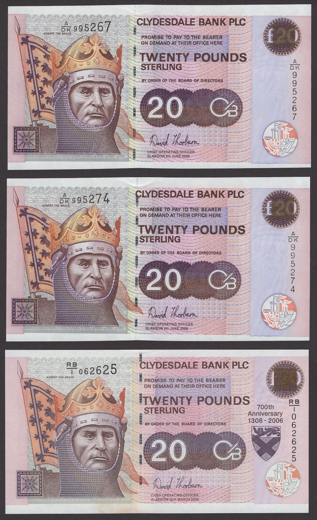 Clydesdale Bank PLC, £20 (6), 6 June 2005 (2), serial numbers A/DK