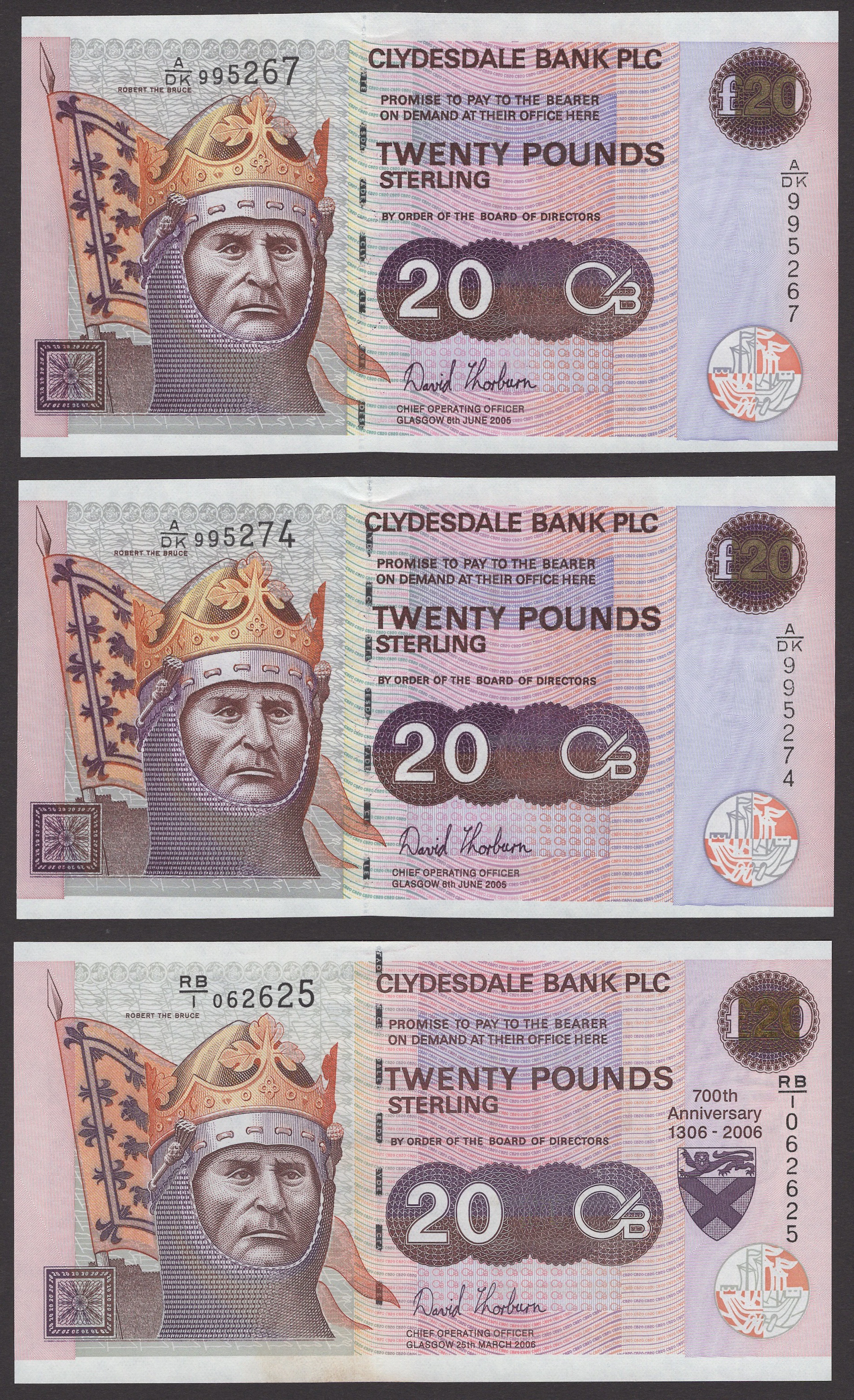 Clydesdale Bank PLC, £20 (6), 6 June 2005 (2), serial numbers A/DK