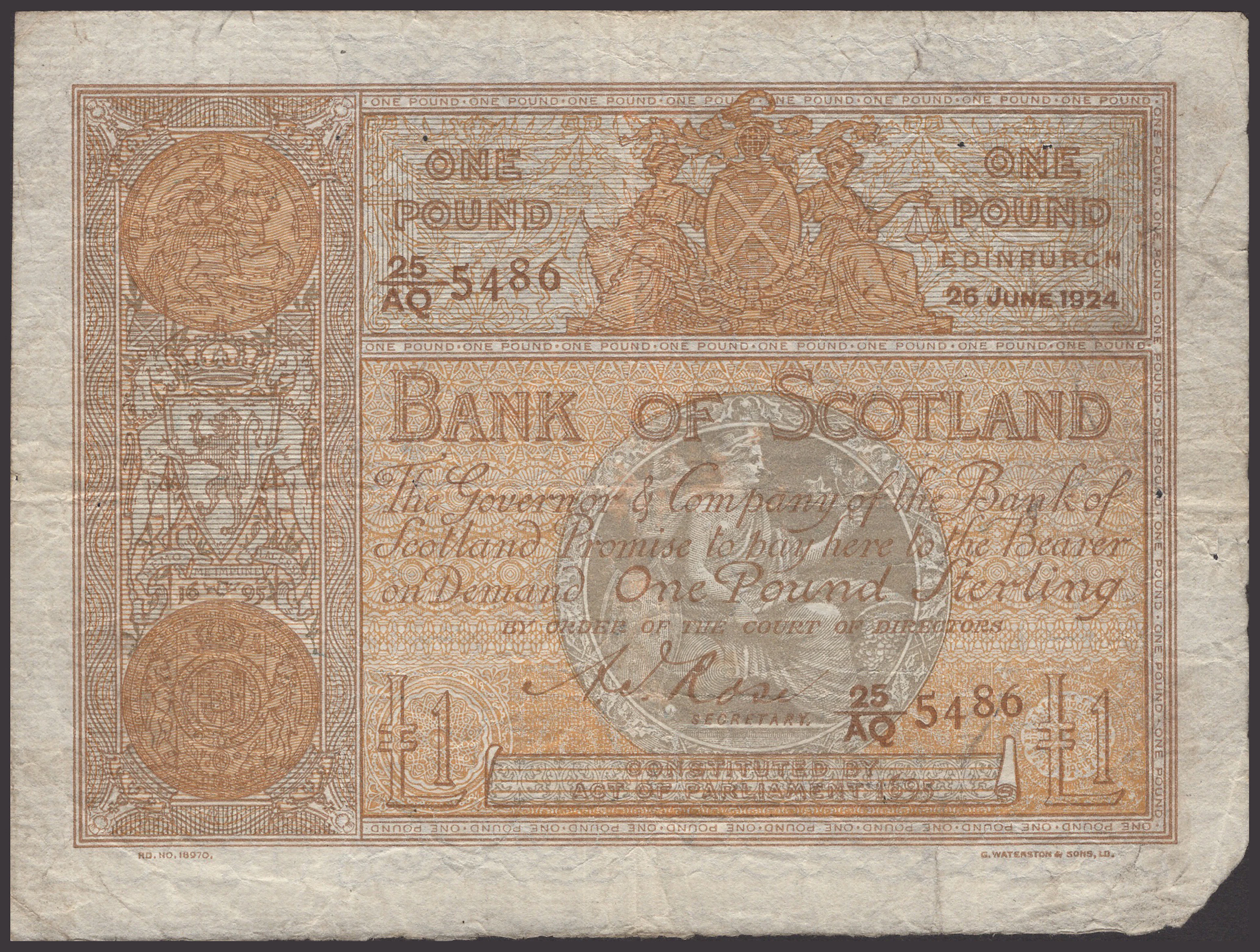 Bank of Scotland, £1, 26 June 1924, serial number 25/AQ 5486, Jolly