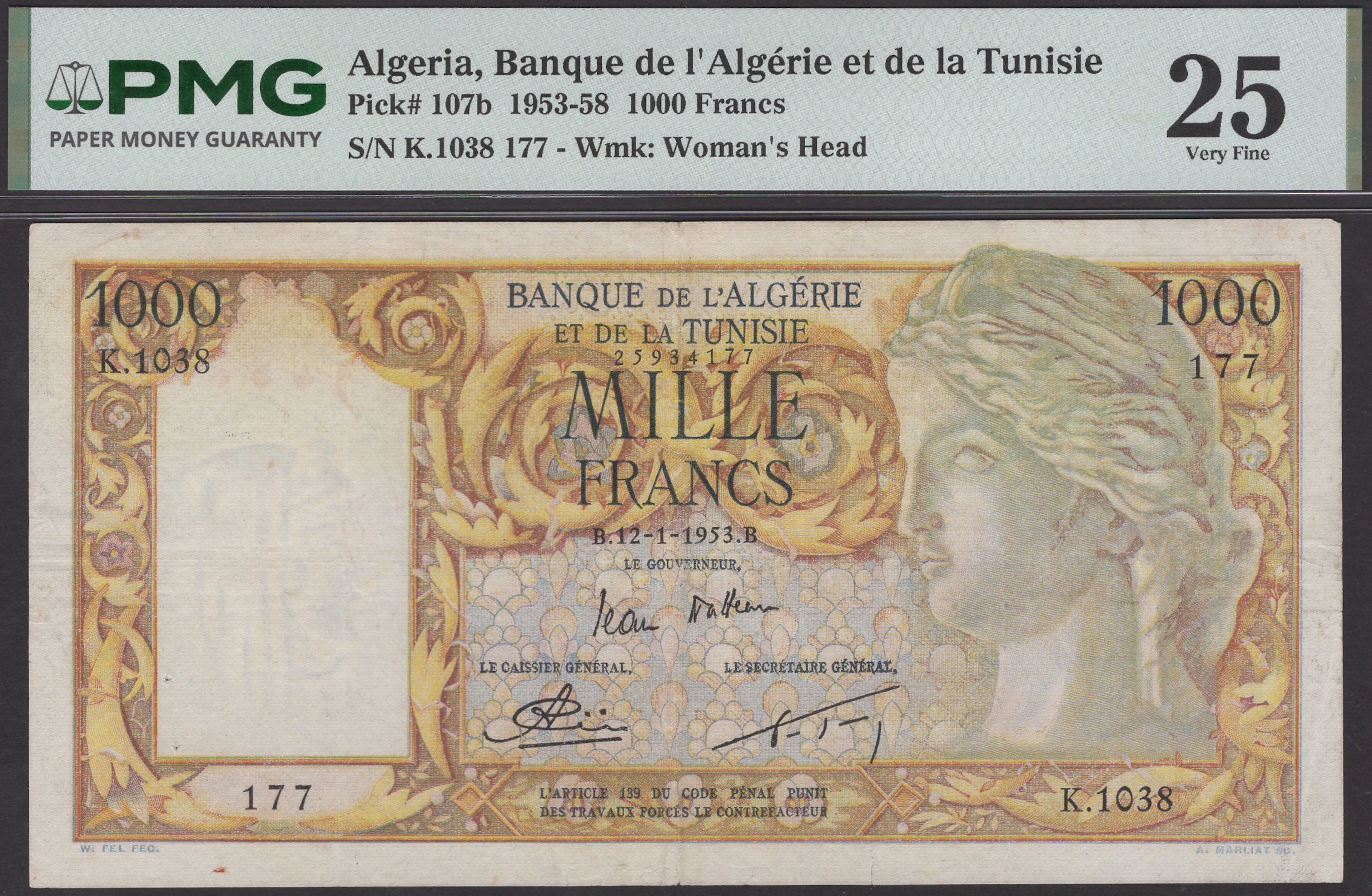 Banque de l’Algerie et de la Tunisie, 1000 Francs, 12 January 1953