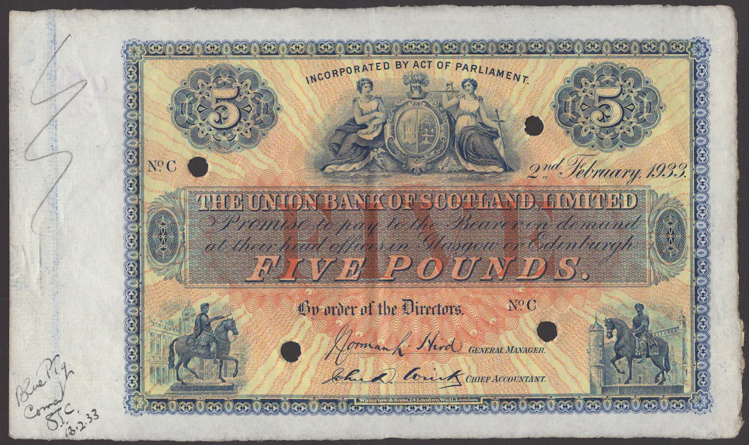 Union Bank of Scotland, specimen £5, 2 February 1933, serial number