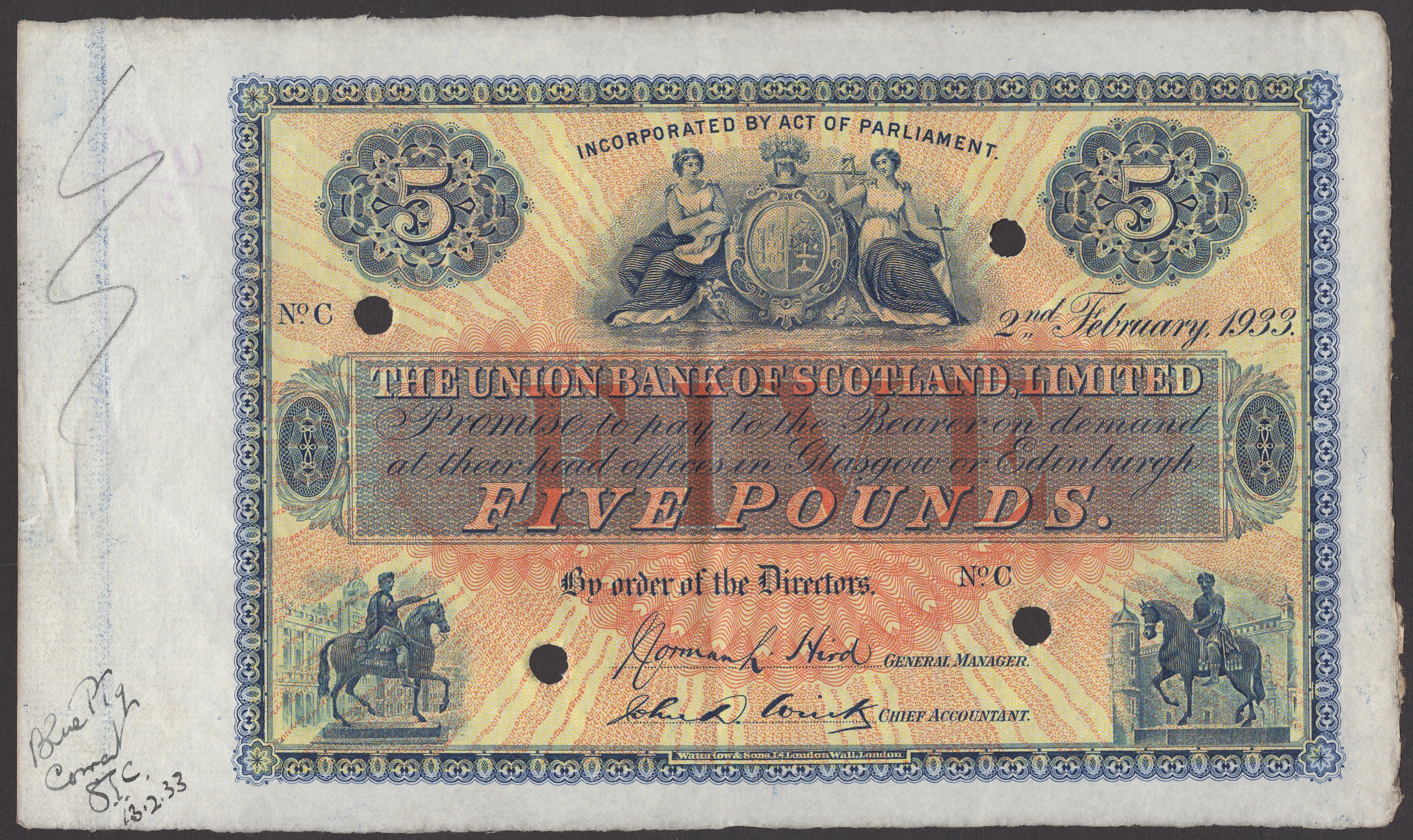Union Bank of Scotland, specimen £5, 2 February 1933, serial number
