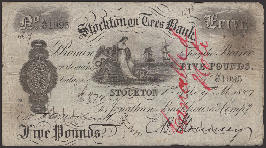 Stockton on Tees Bank, for Jonathan Backhouse & Compy, £5, 1 September