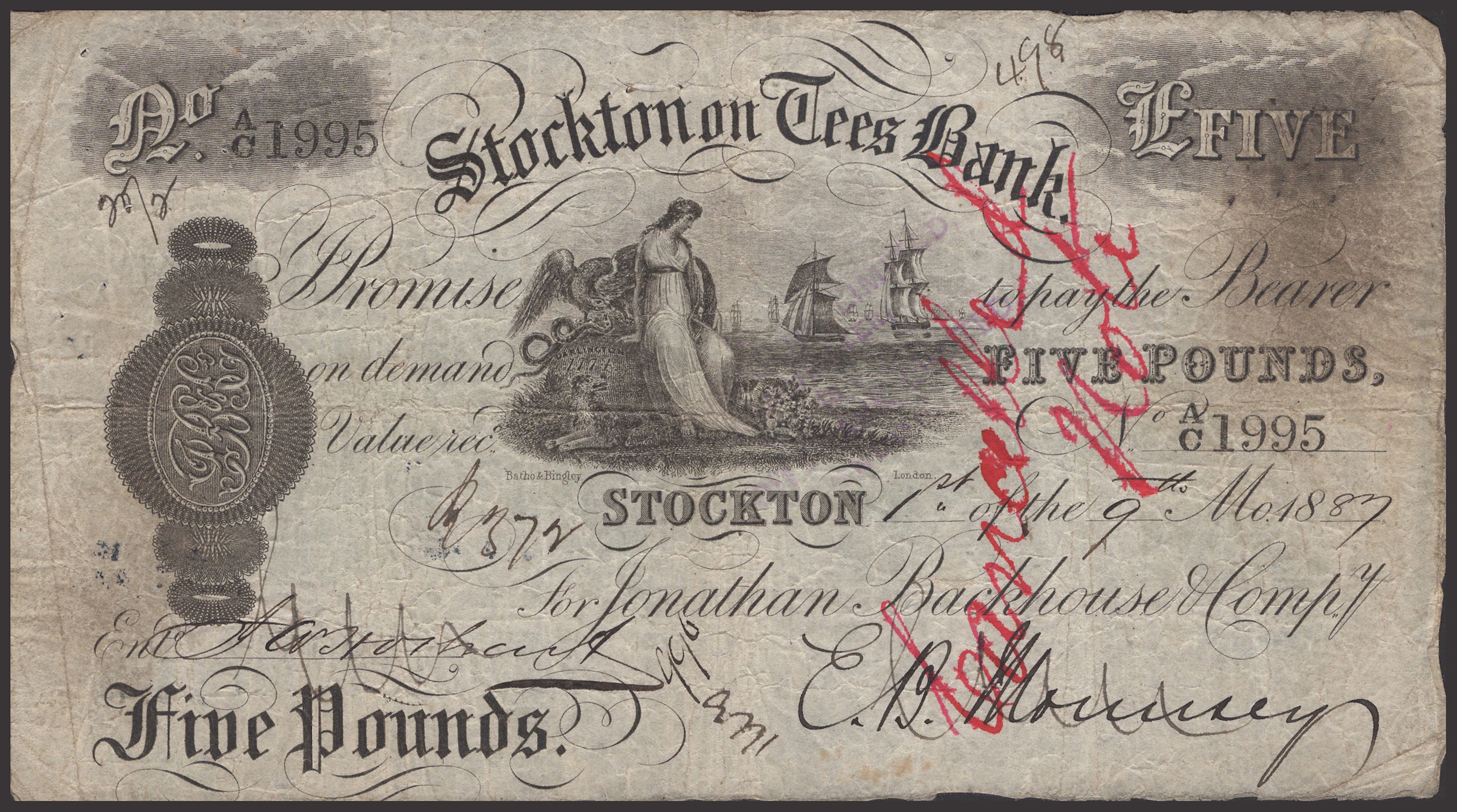 Stockton on Tees Bank, for Jonathan Backhouse & Compy, £5, 1 September