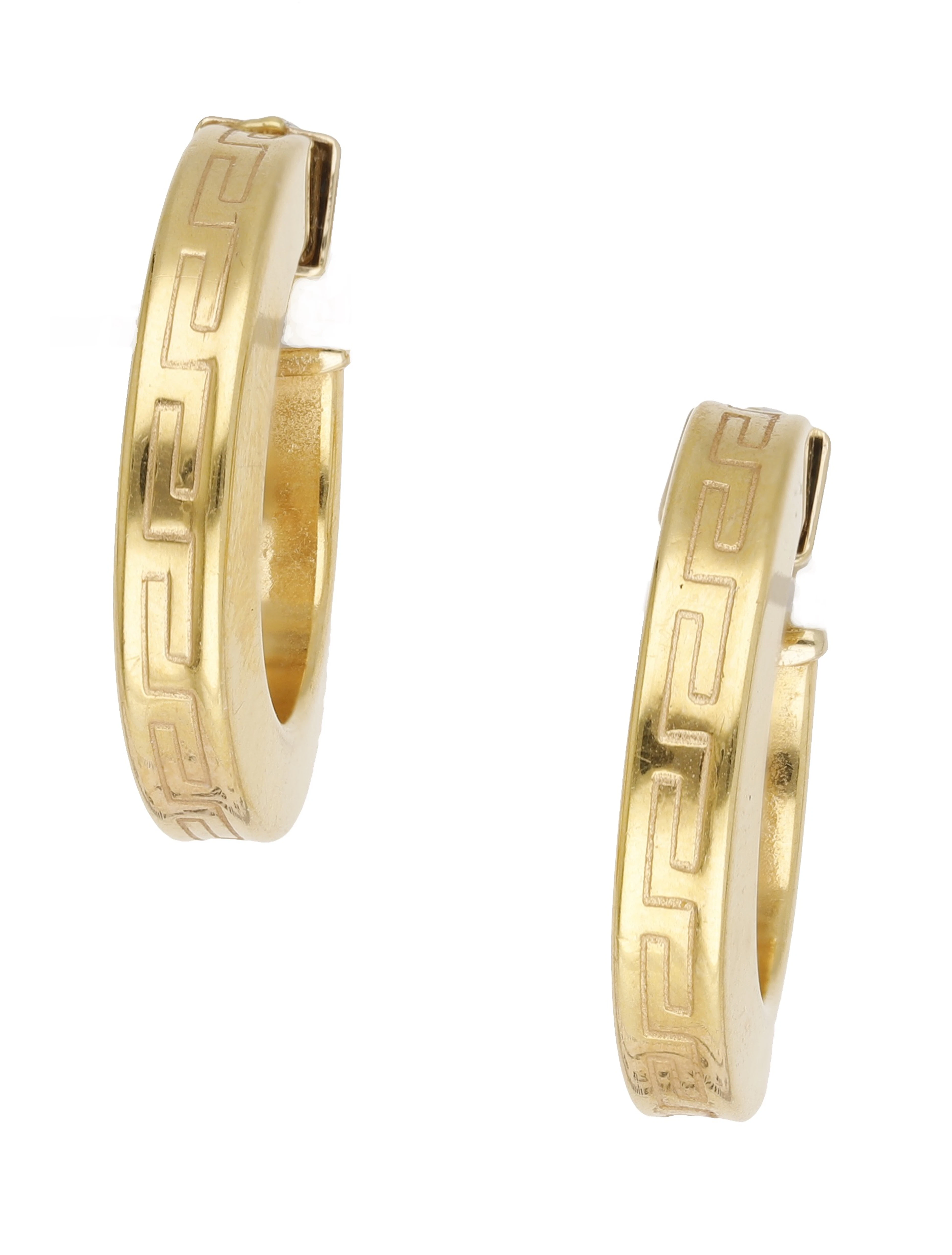 A pair of hoop earrings, the square section hoops with Greek key engraving