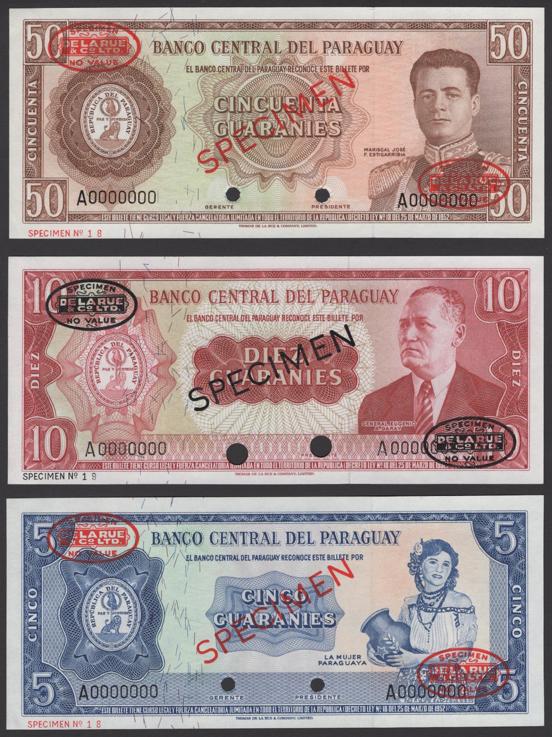 Banco Central del Paraguay, specimen 5, 10, and 50 Guaranies, 1952
