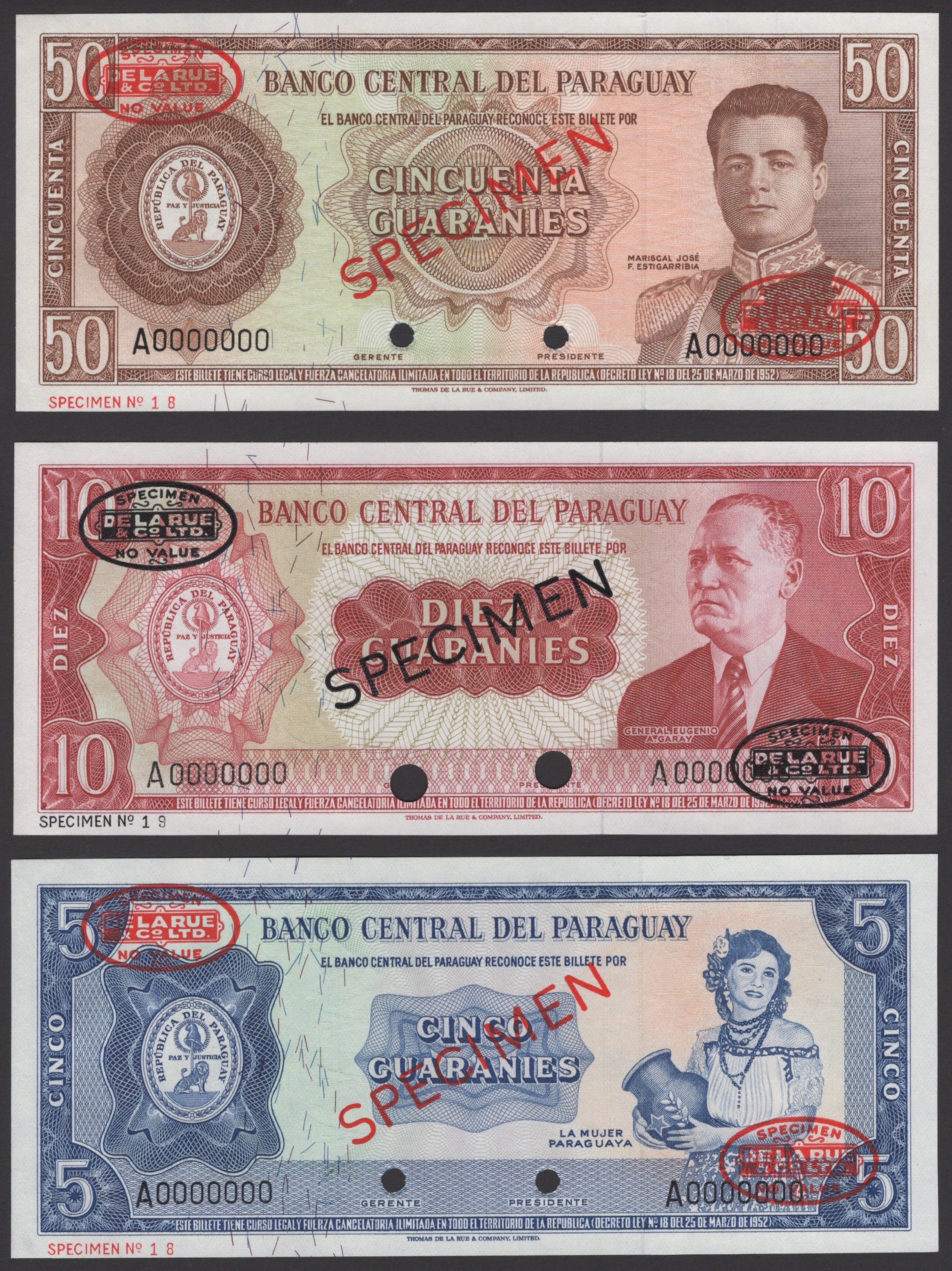 Banco Central del Paraguay, specimen 5, 10, and 50 Guaranies, 1952