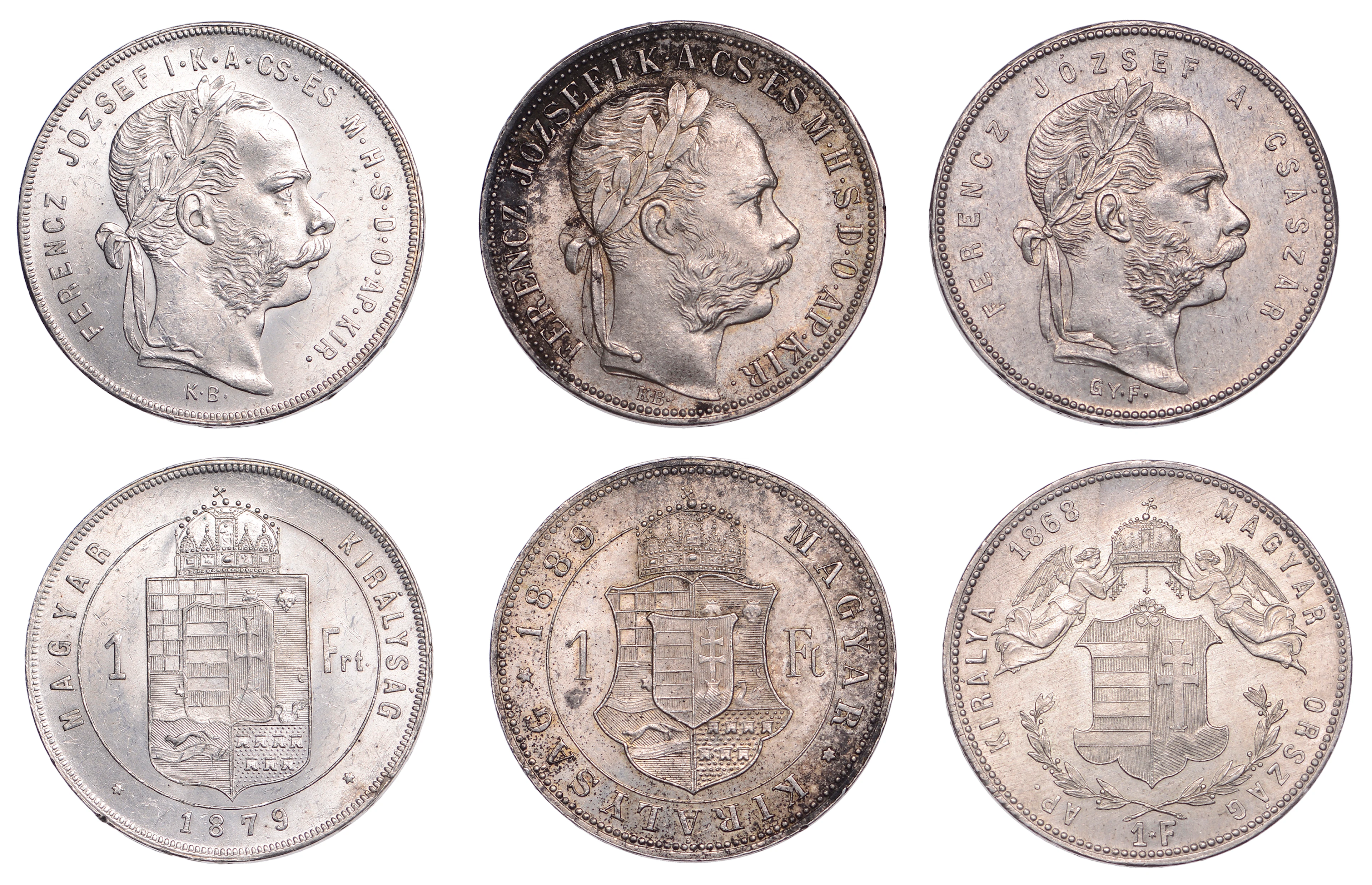 Hungary, Franz Joseph I, Forint (3), 1868kb, 1879kb, 1889kb, Kremnica