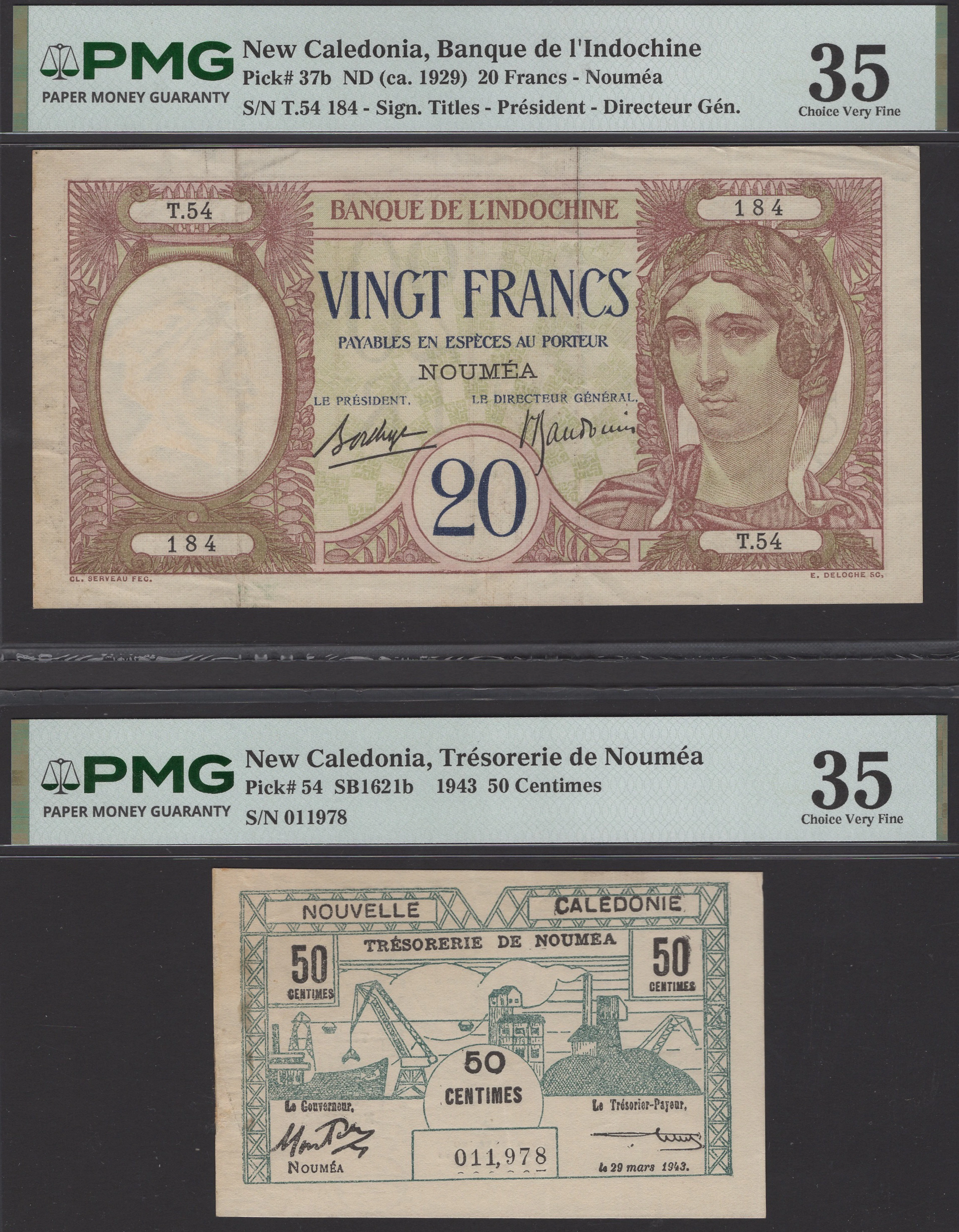 French Colonial, a group comprising New Caledonia, 20 Francs, ND (1929)