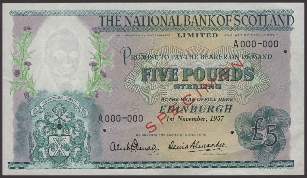 National Bank of Scotland Limited, specimen £5, 1 November 1957, serial