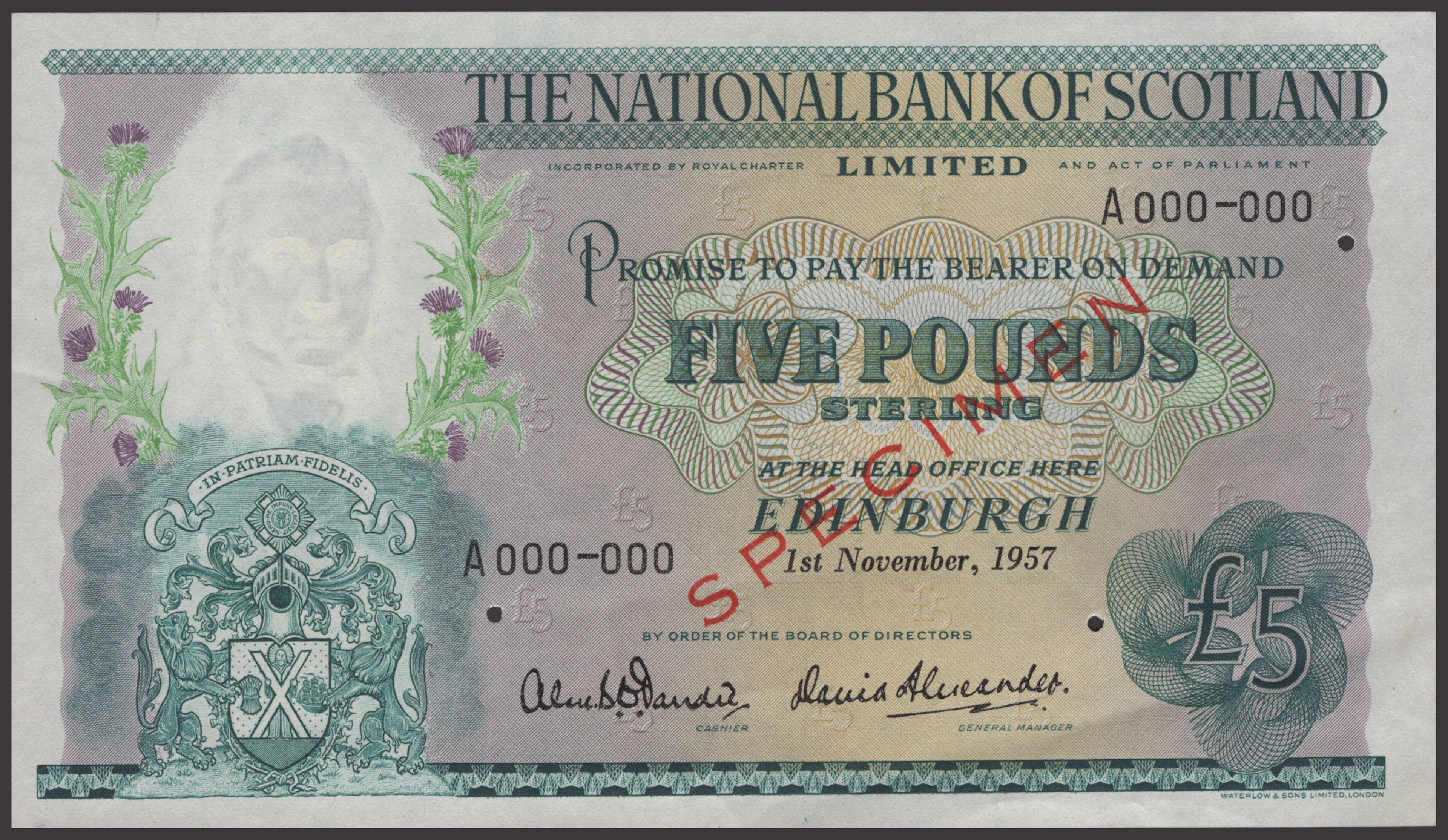 National Bank of Scotland Limited, specimen £5, 1 November 1957, serial