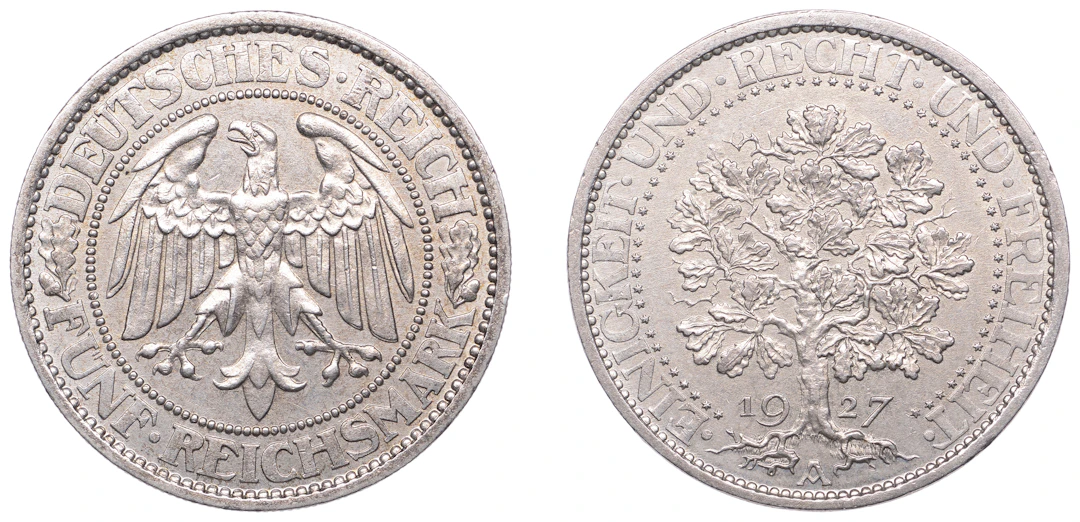 Germany, Weimar Republic, 5 Reichsmark, 1927a, Oak Tree, Berlin (Dav.