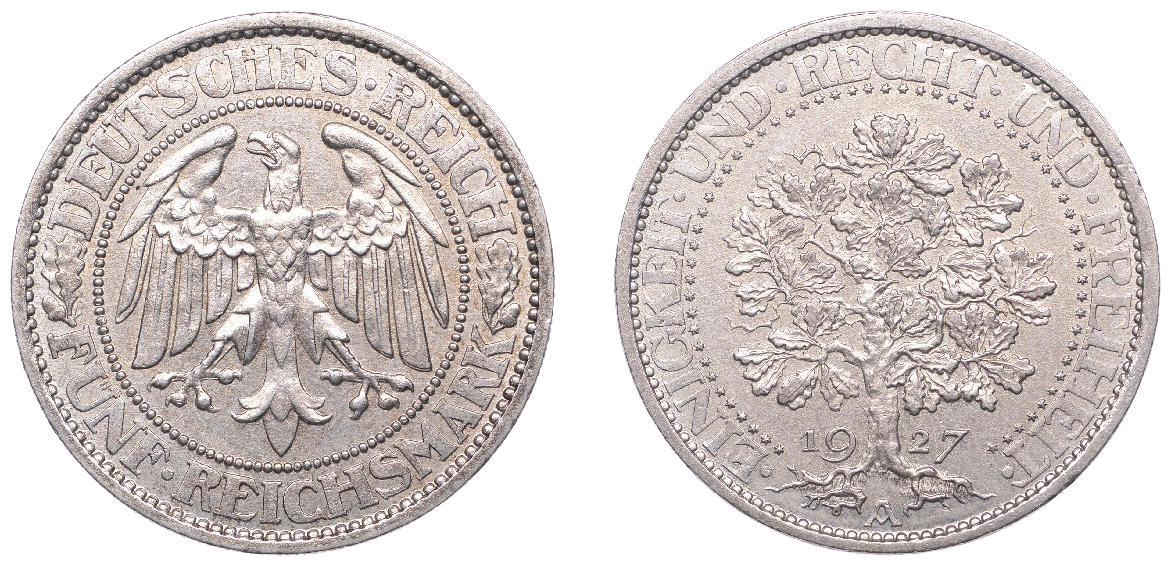 Germany, Weimar Republic, 5 Reichsmark, 1927a, Oak Tree, Berlin (Dav.