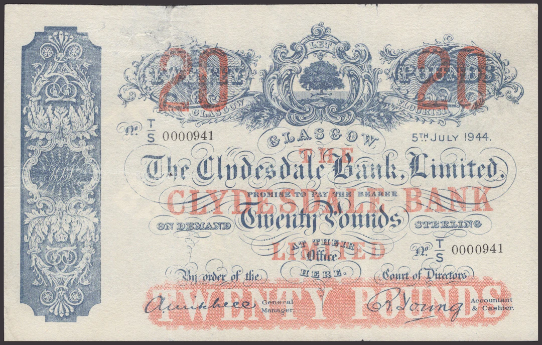 Clydesdale Bank Limited, £20, 5 July 1944, serial number T/S 0000941